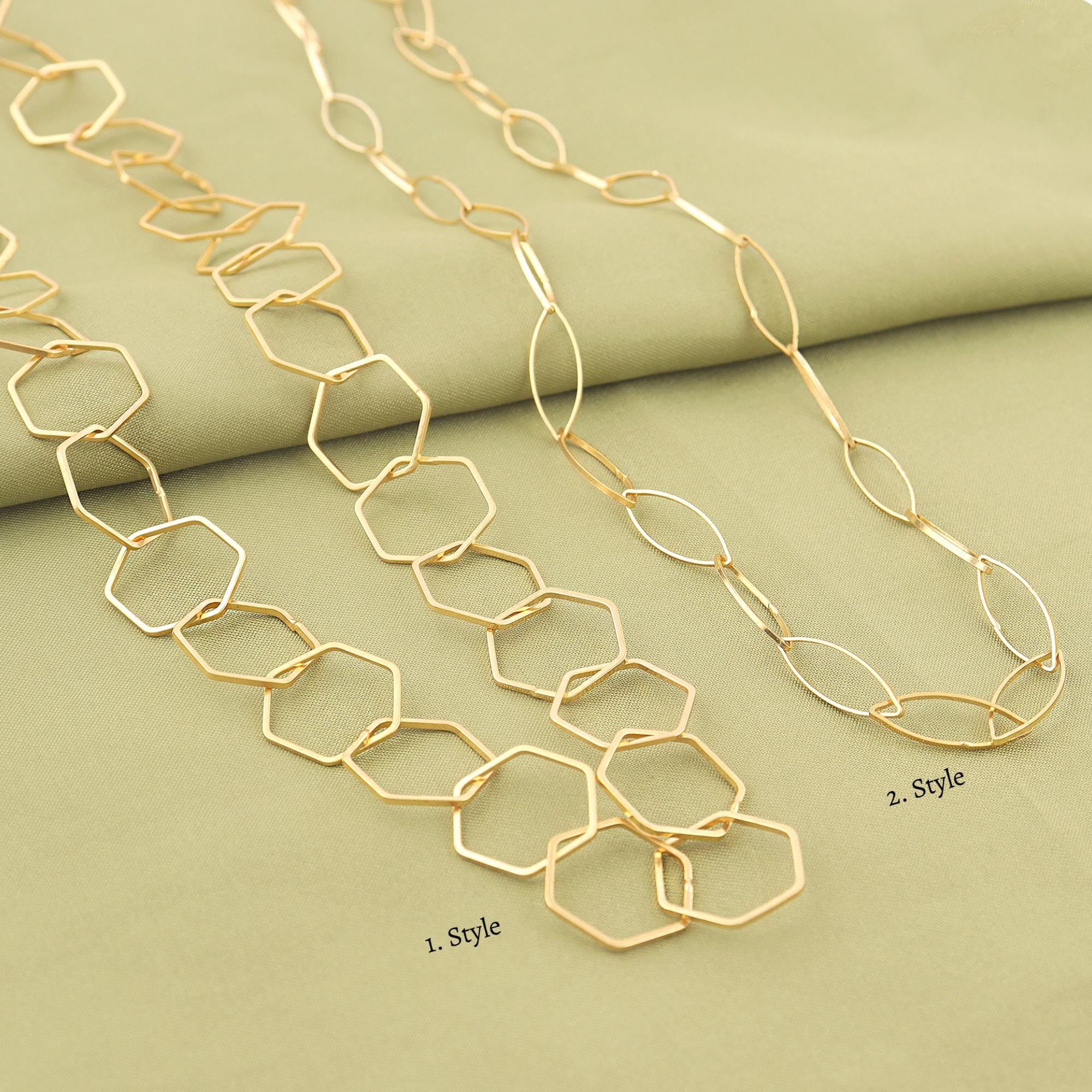18k Gold Plated Hexagon Shape Charms Connector Link Chain, Unfinished Chain Necklace
