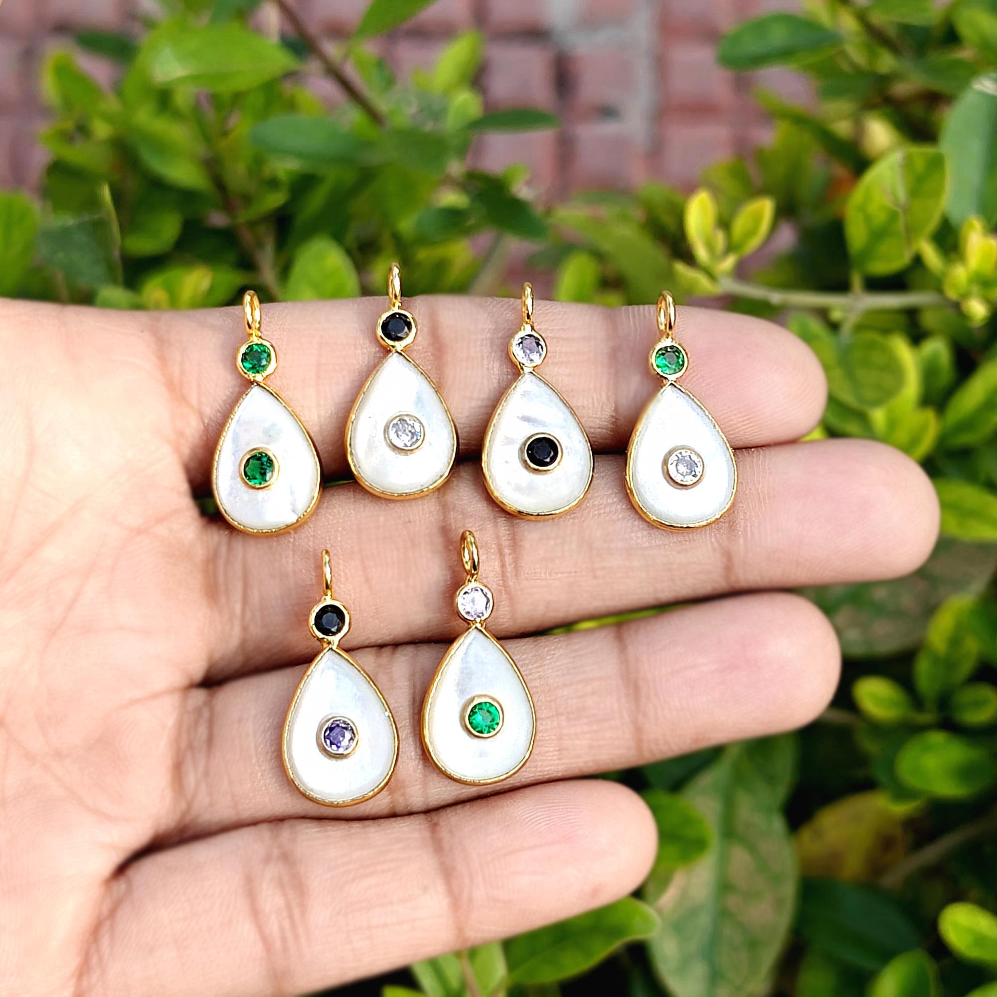 Gold Plated Teardrop Charm, Mother of Pearl Pendant, CZ Accent Bezel Connector