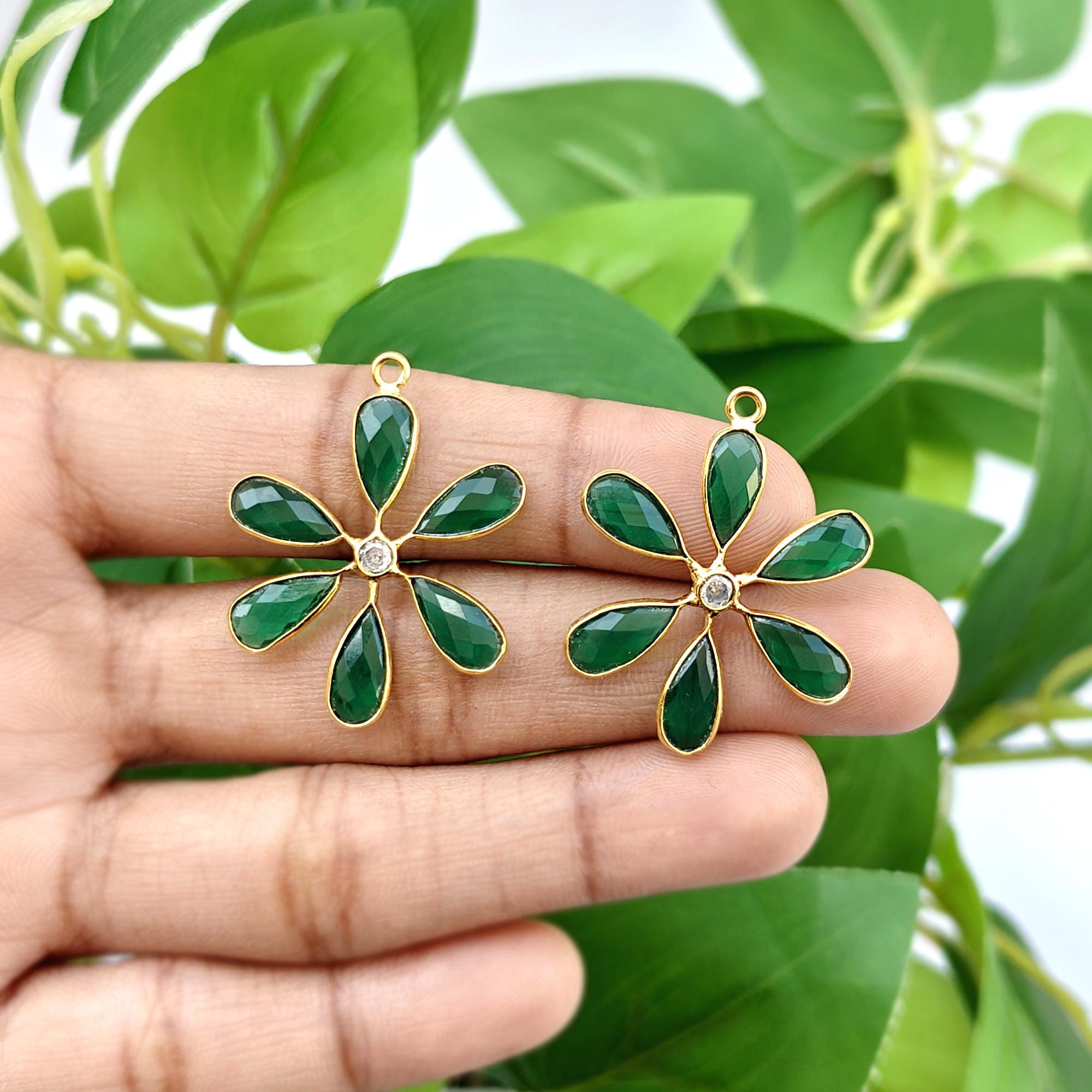 Emerald Quartz Flower Connector Pair Gold Plated Gemstone Floral Earring Charms for
