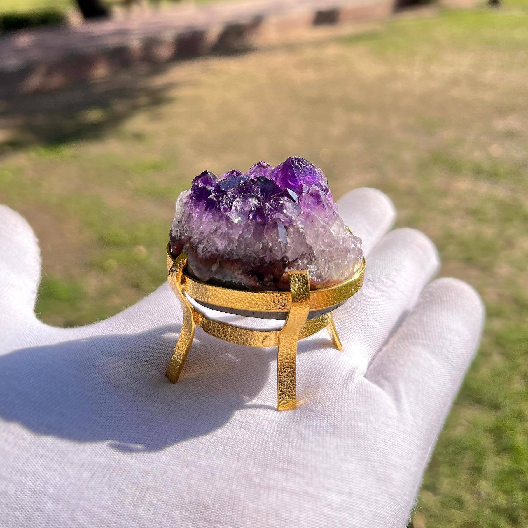 Natural Amethyst Druzy Display, Gold Plated Healing Crystal Home Decor