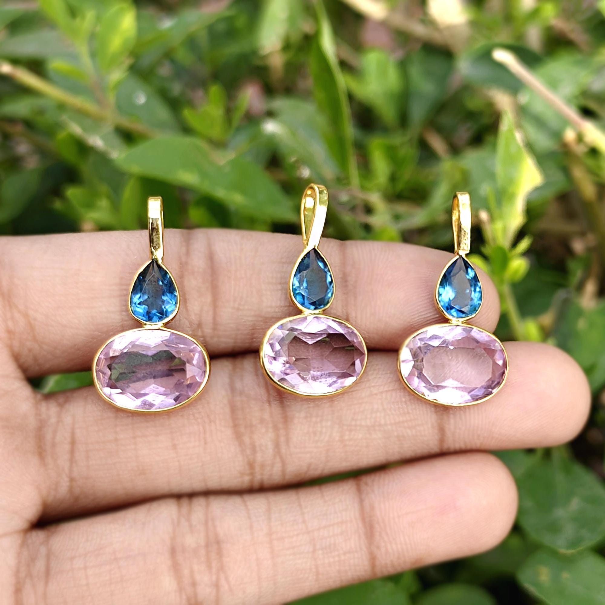 London Blue Quartz Pink Quartz Gemstone Pendant, 18k Gold Plated Brass Charm