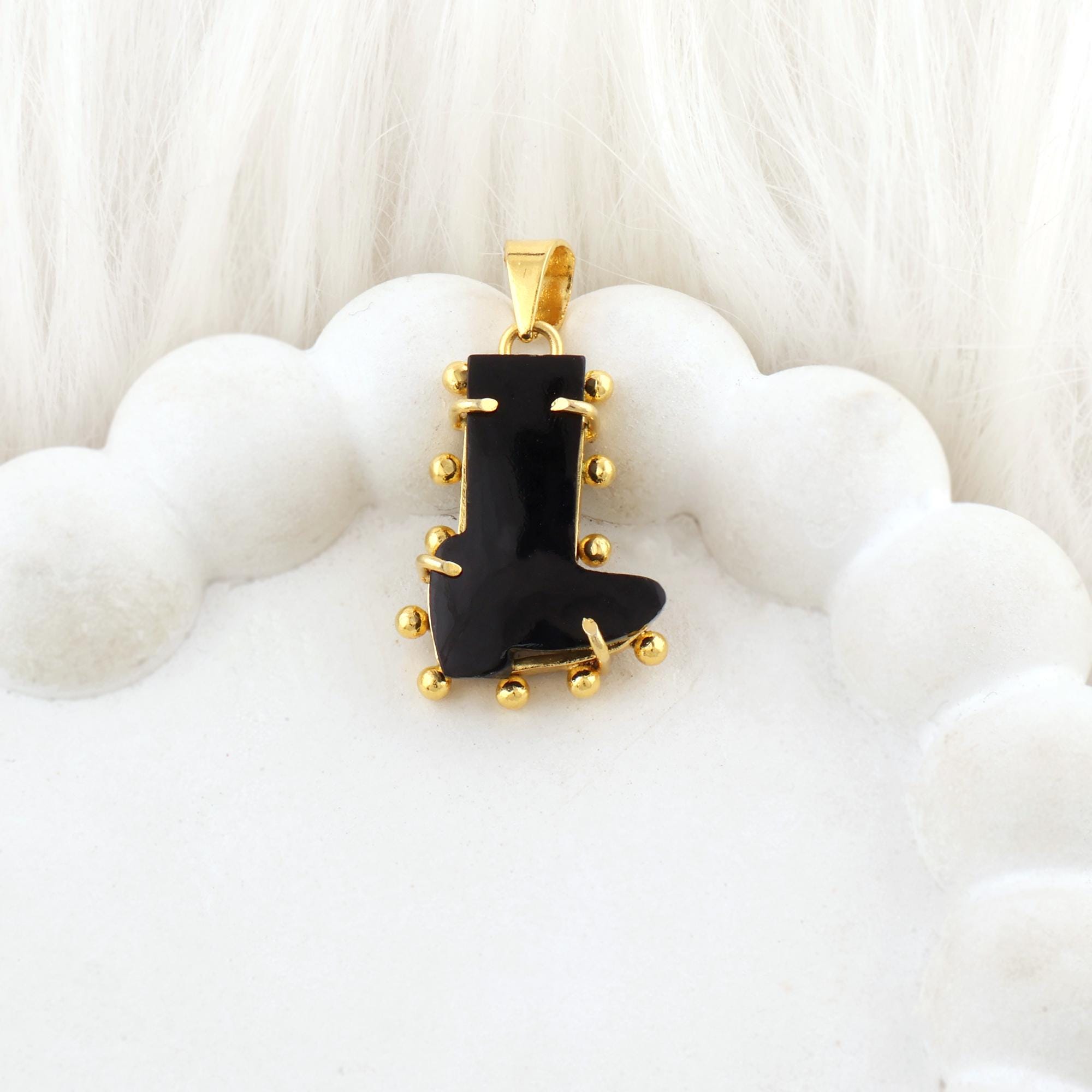 Black Onyx Cowboy Boot Pendant, Gold Plated Boho Necklace Charm