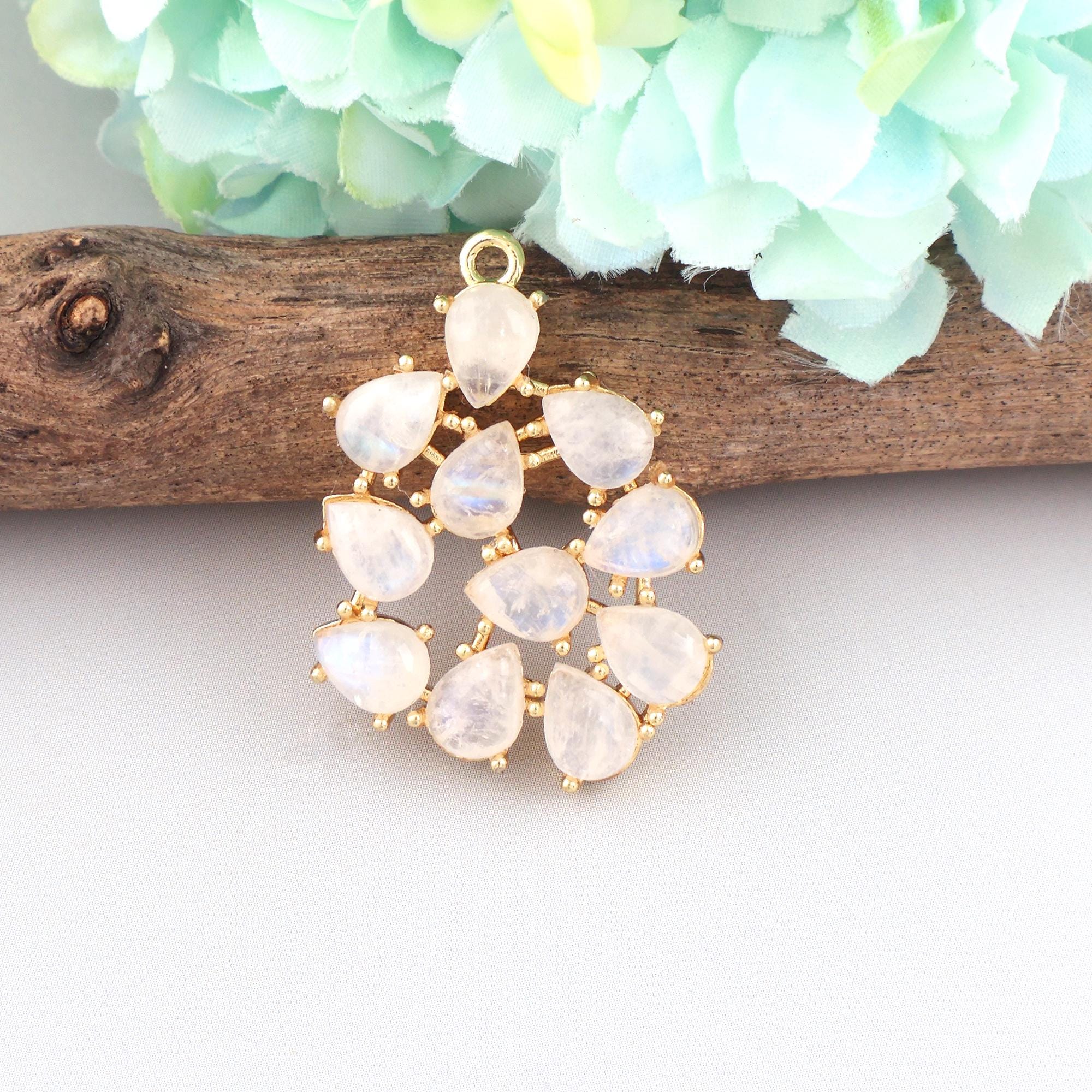 Natural Moonstone Pendant Charm, Amazonite Gold Plated