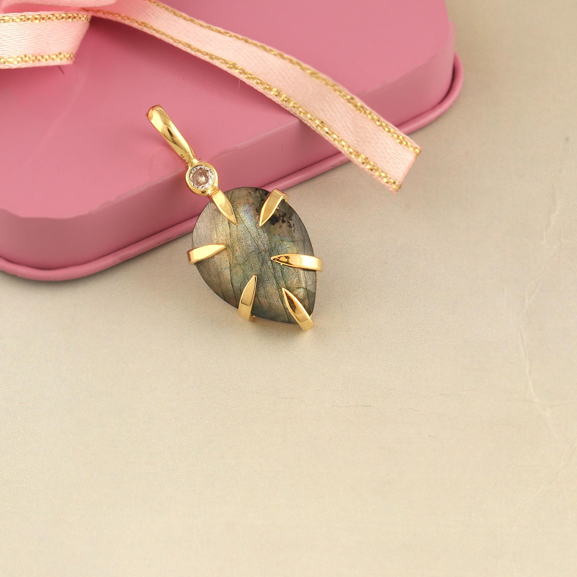 Natural Labradorite Teardrop Pendant, Gold Plated CZ Charm for Jewelry Necklace