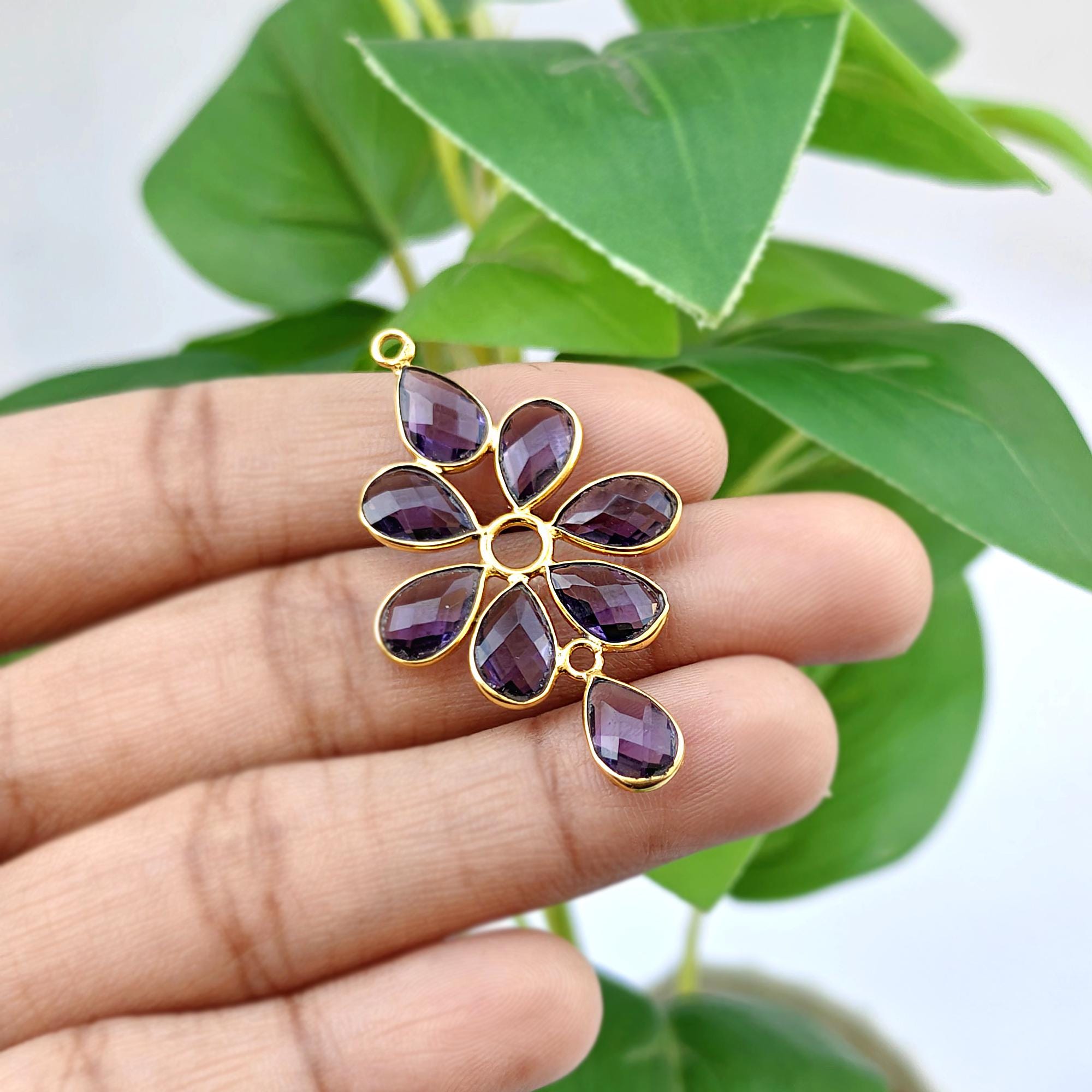 Amethyst Quartz Flower Connector Charm, Gold Plated
