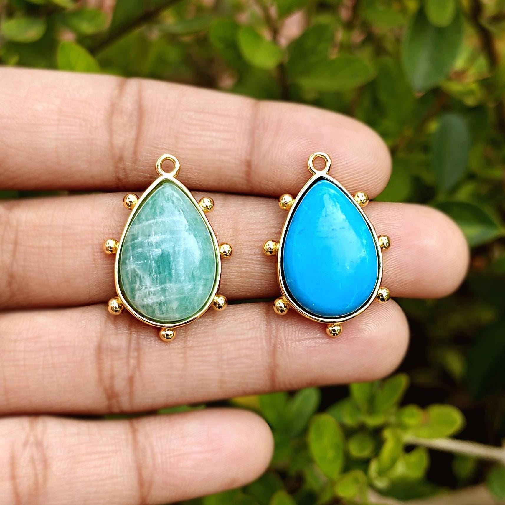 Pear Shape Amazonite, Turquoise Pendant Charm, Gold Plated Earring Connector Jewelry