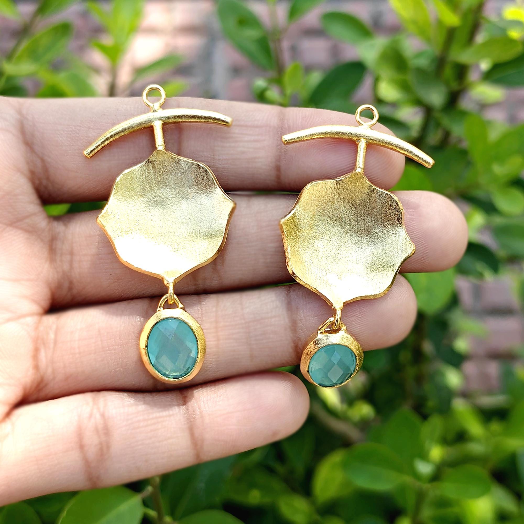 Aqua Chalcedony Earring Connector, Matte Gold Plated Dangle Drop Pair