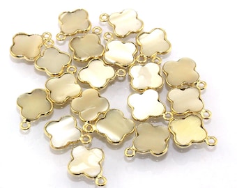Conector en forma de trébol de nácar bañado en oro: Charms de un solo asa (12 x 19 mm) Engaste de bisel