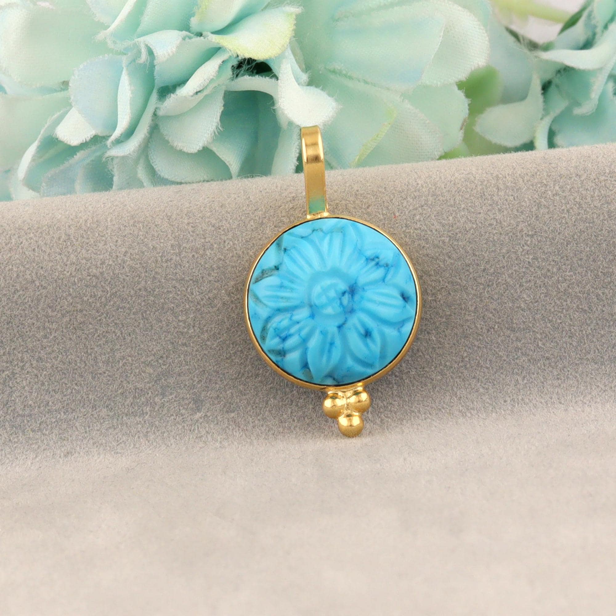 Round Carved Flower Gemstone Pendant Charm