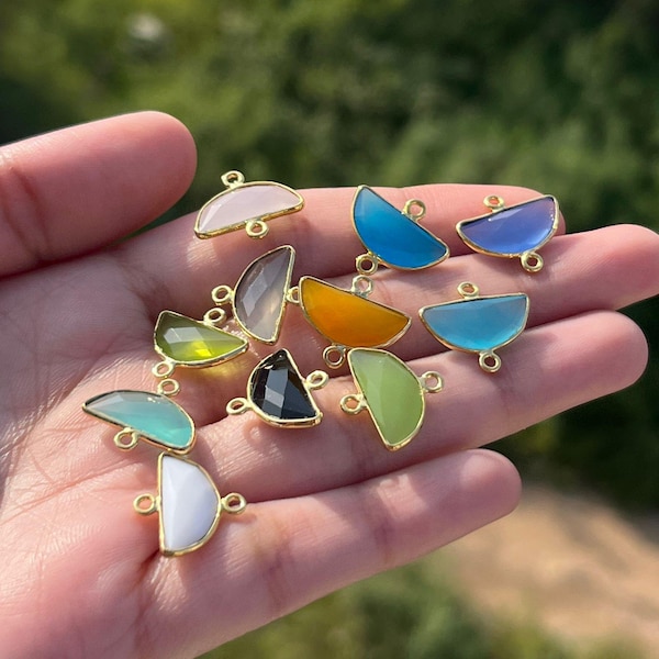 6x14mm D Shape Chalcedony Onyx Stones Pendant Charms: Gold Plated Bezel Earring Making Connectors