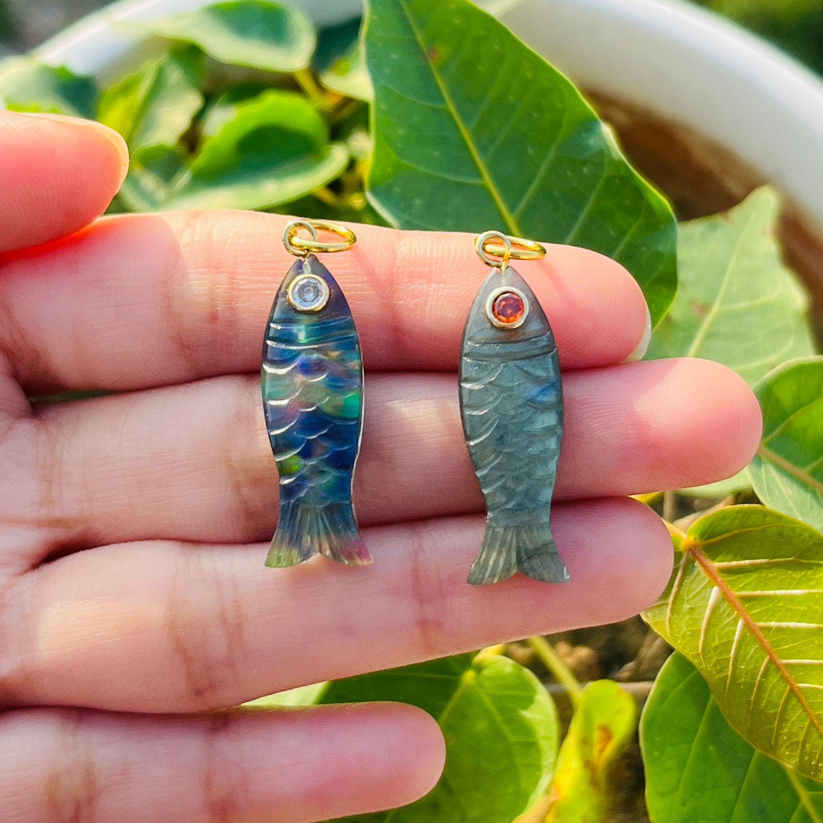 Labradorite, Quartz Carved Gemstone Fish Pendant, White Gold-Plated Necklace Charm
