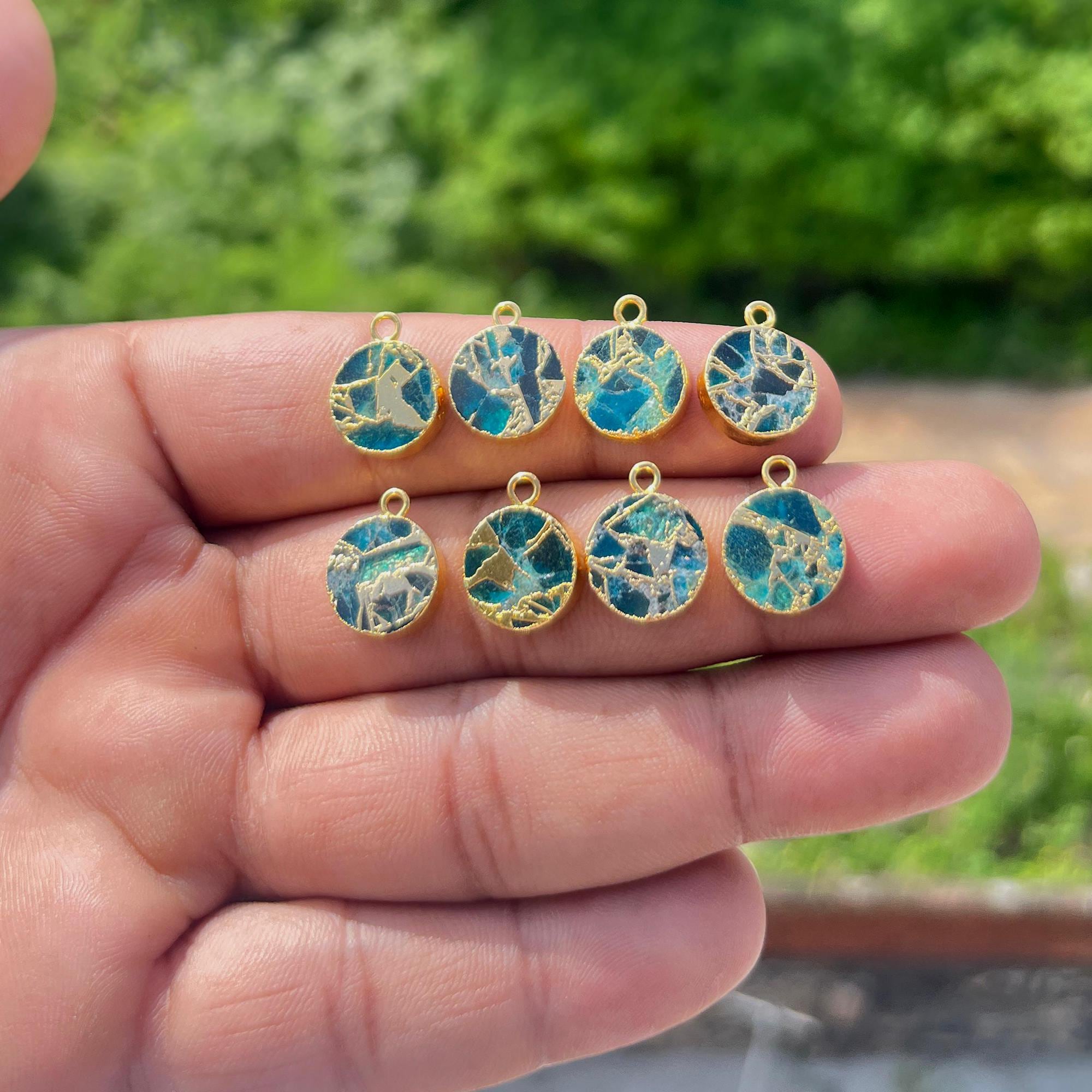 Apatite Jade Copper Turquoise Charm Connector, 12mm Round Gold Electroplated