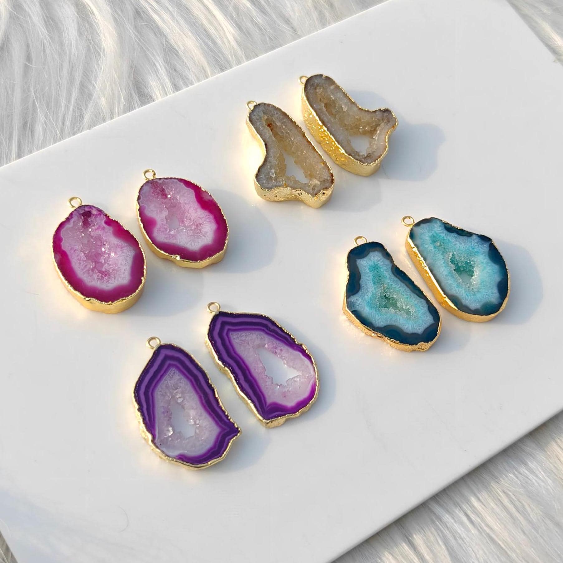 Multi Color Agate Slice Earring Connector, Gold Electroplated 4 Pairs
