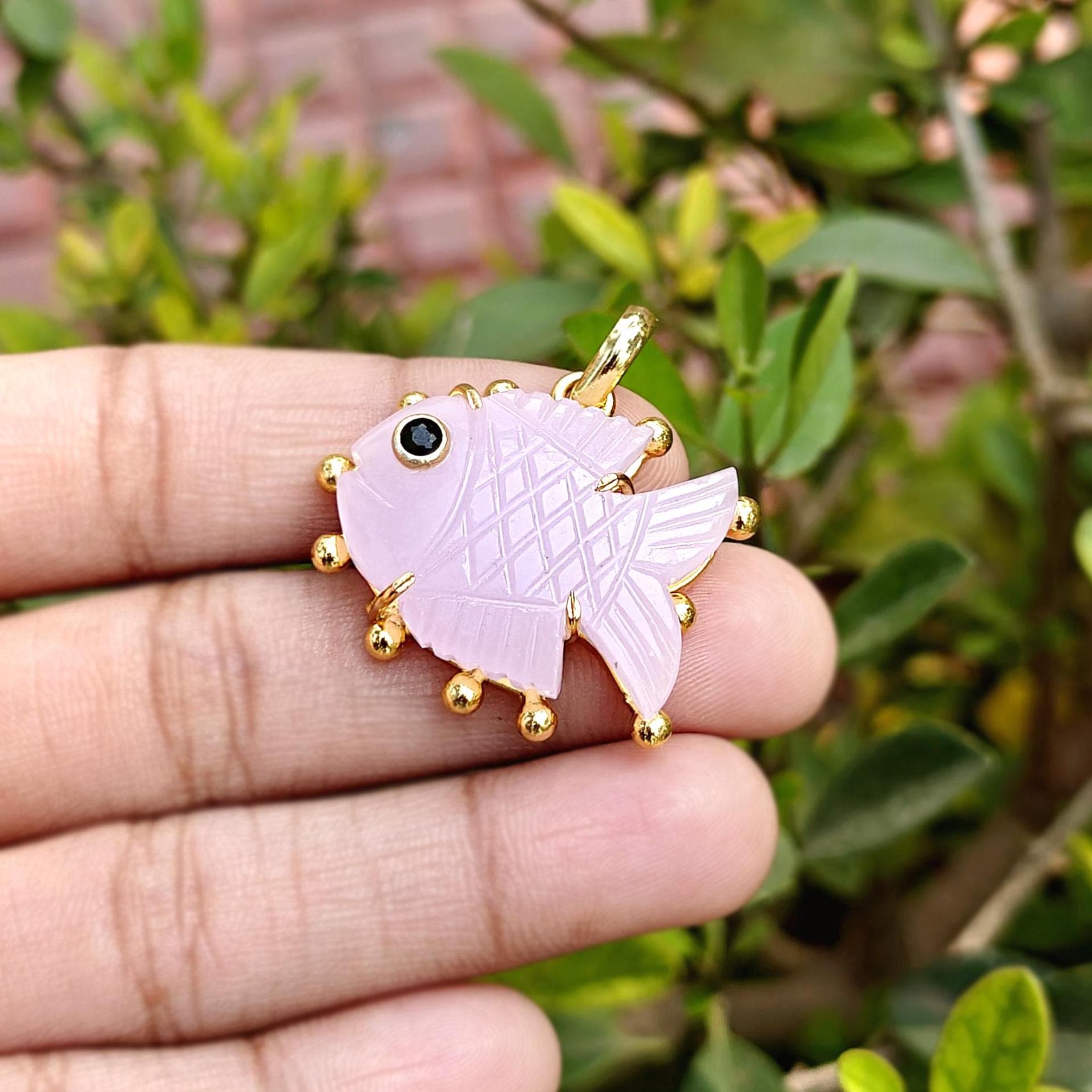 Pink Chalcedony Fish Pendant, Carved Gemstone Black Eye Charms