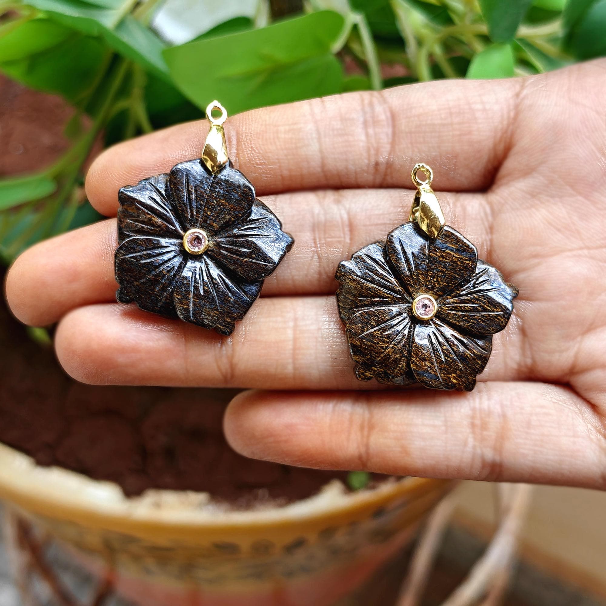 Hand Carved Bronzite Flower Pendant, Gold Plated Pink CZ Charm