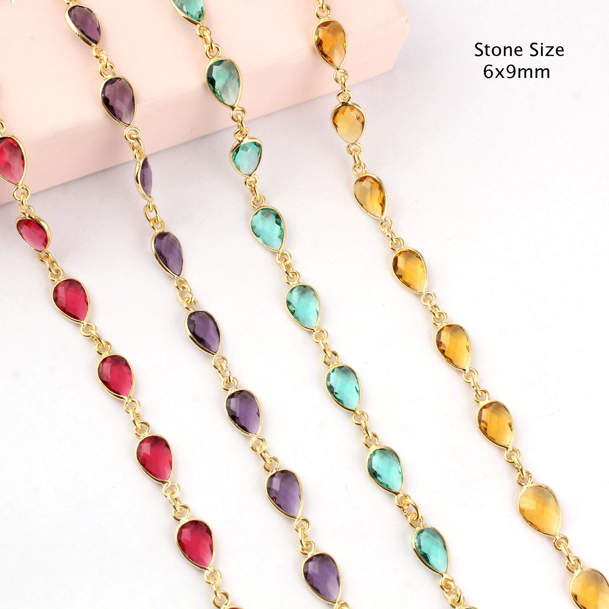 Gold Plated Bezel Set Rosary Chain, 6x9mm Pear Hydro Quartz