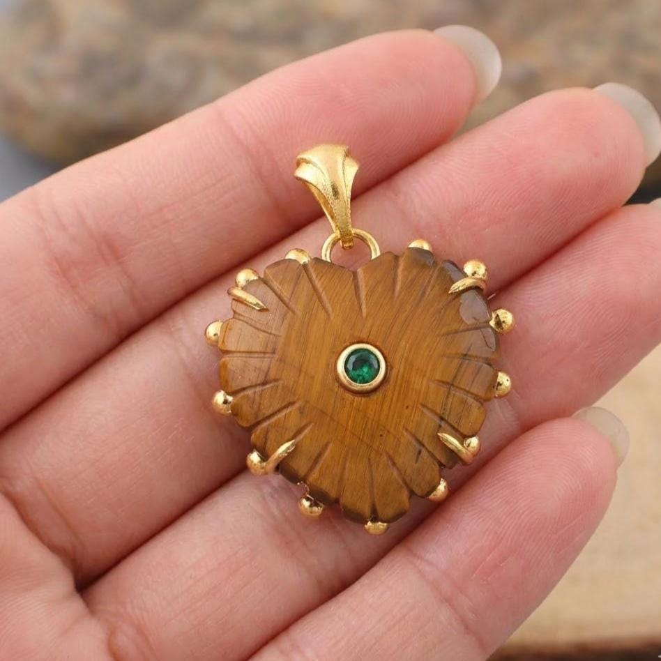 Tiger Eye Heart Pendant Necklace, Gold Plated CZ Charm, Carved Gemstone