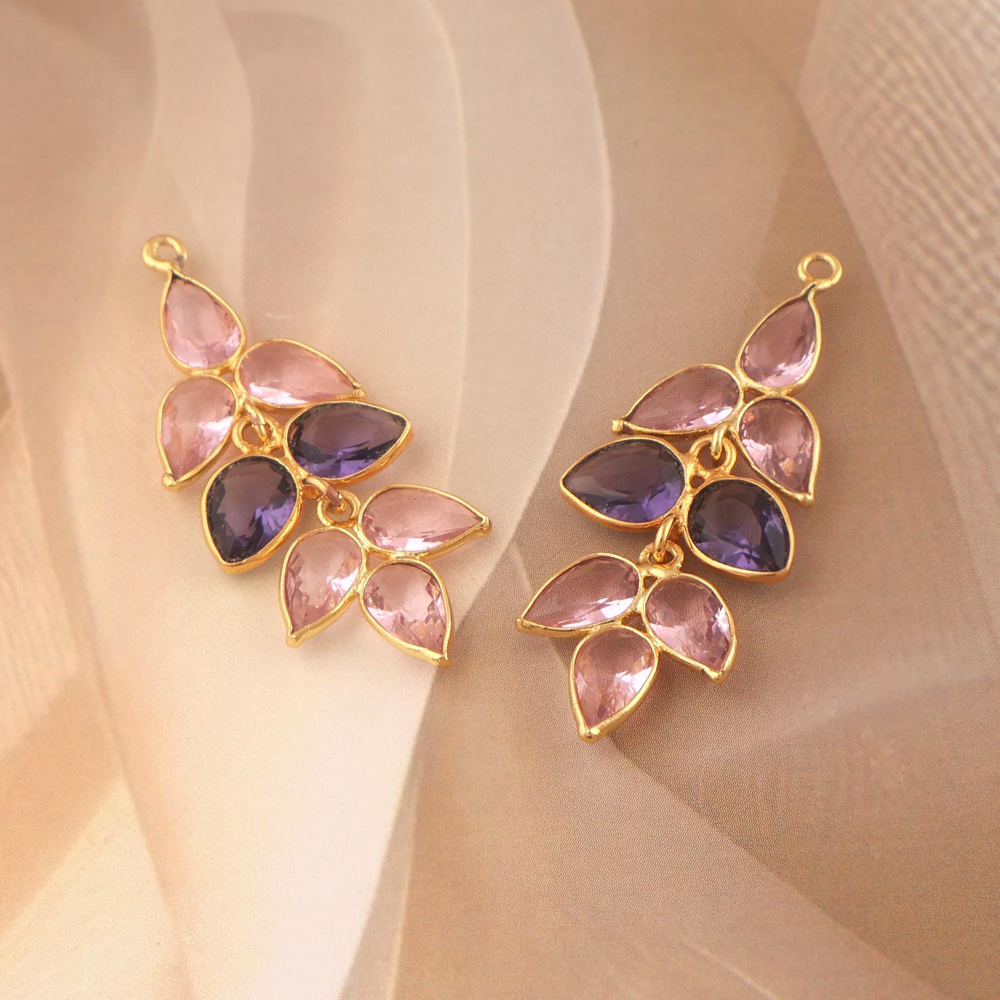 Gold Plated Pear Cut Gemstone Earring Connectors, Chalcedony