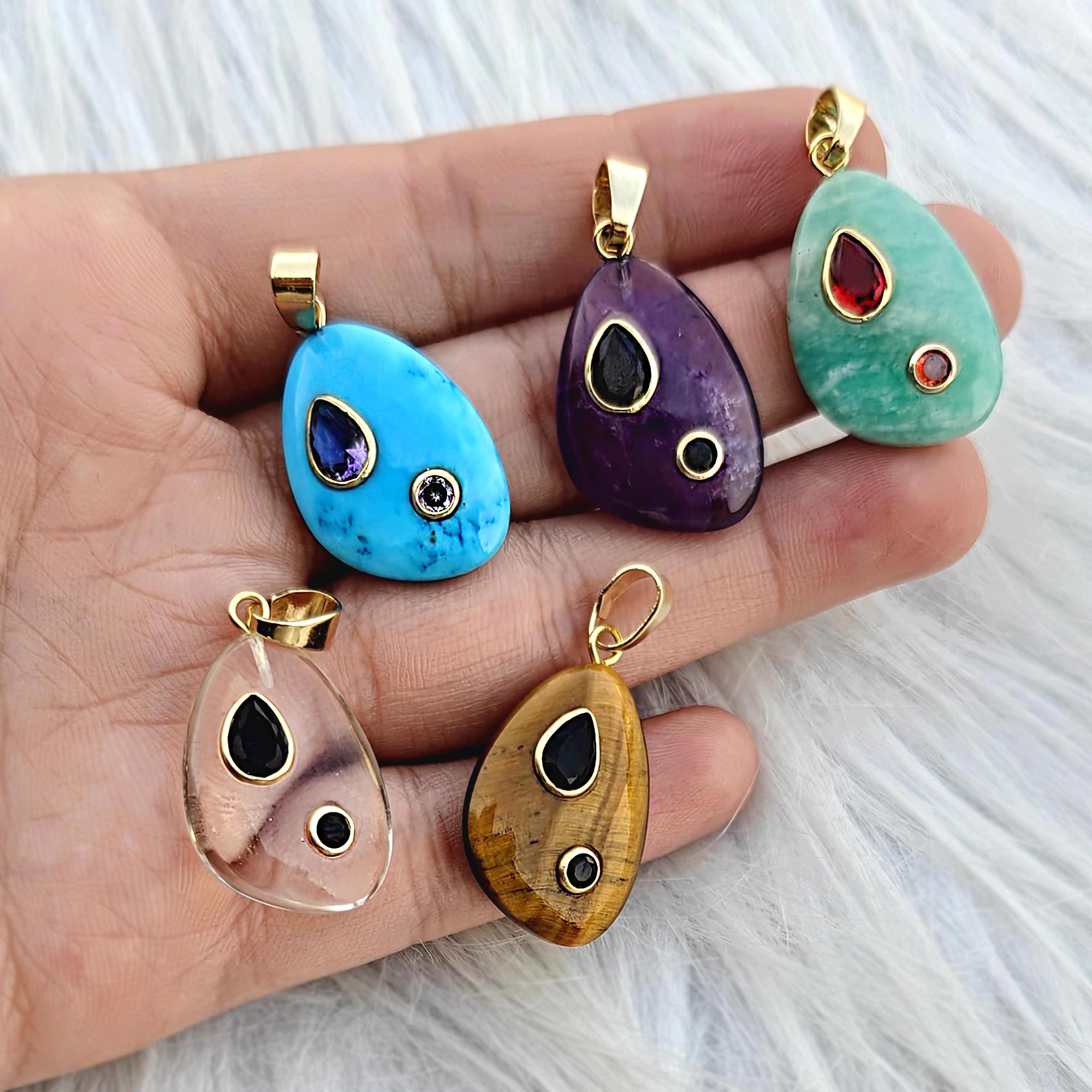 Fancy Shape Amazonite, Tiger Eye Pendant Charms, Gold Plated Brass CZ Accent Necklace