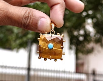 Gold Plated Tiger Eye Pendant, Turquoise Accent, Necklace Jewelry Making