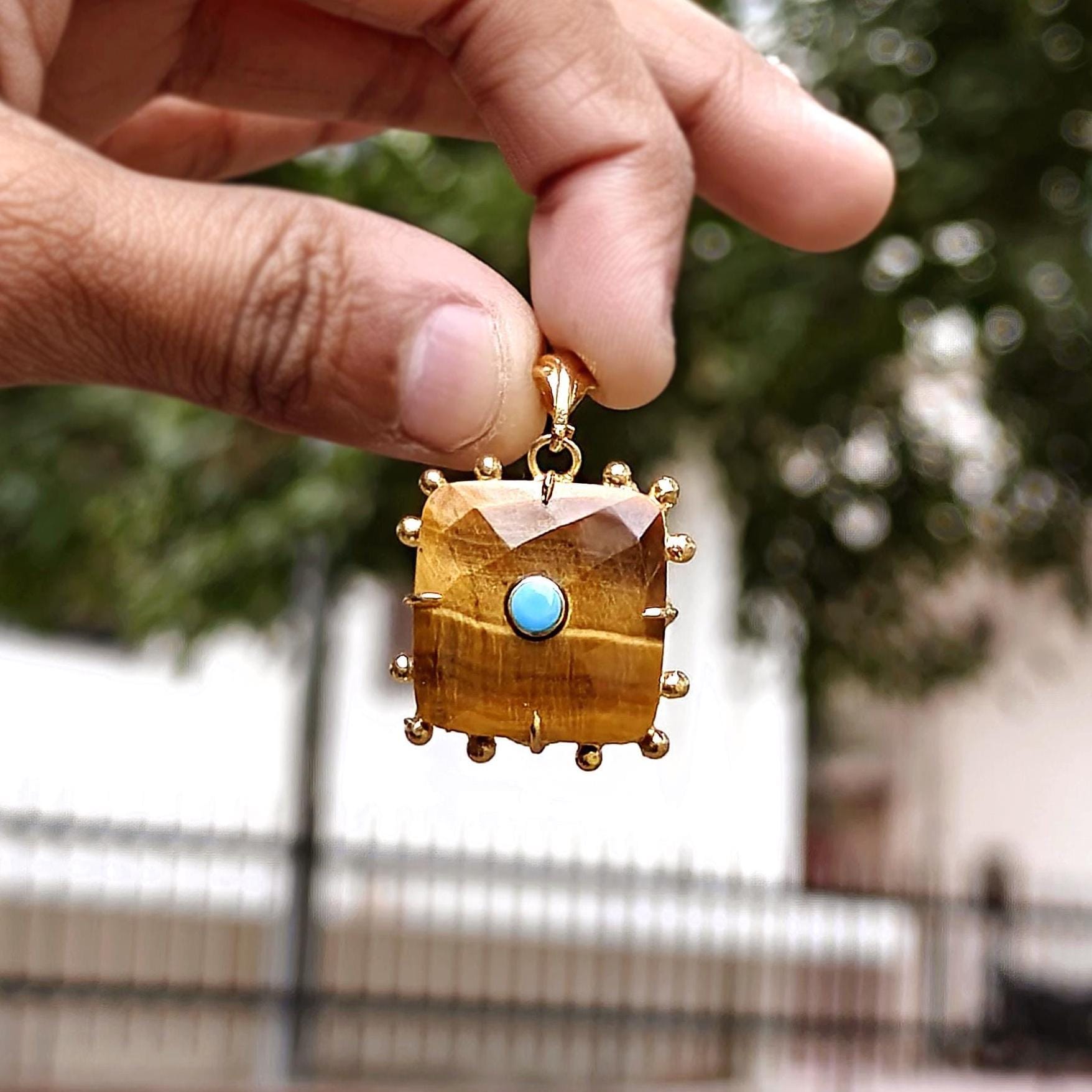 Gold Plated Tiger Eye Pendant, Turquoise Accent, Necklace