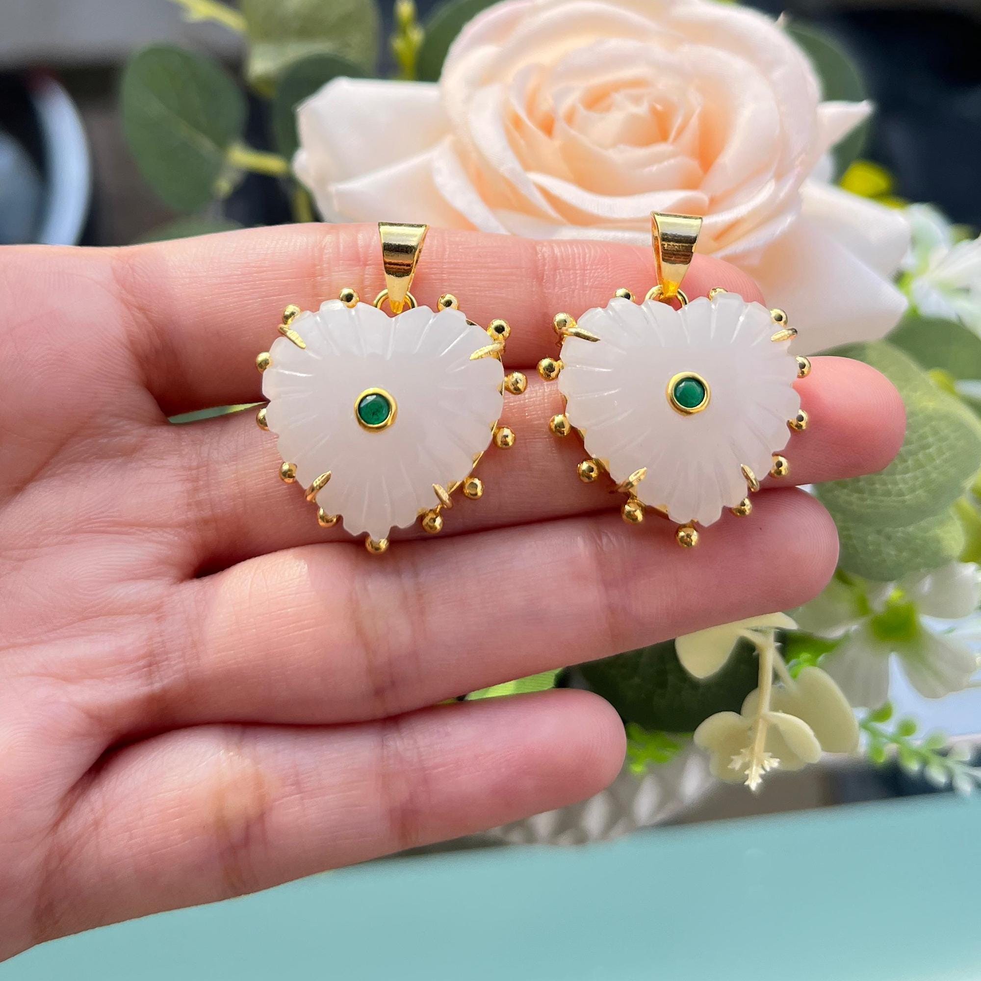 Carved White Chalcedony Heart Pendant, Gold Plated CZ Charm ( 1 Piece )