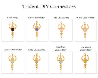 Chalcedony Quartz Trident Pendant: Gold Plated DIY Bracelet Jewelry Connector