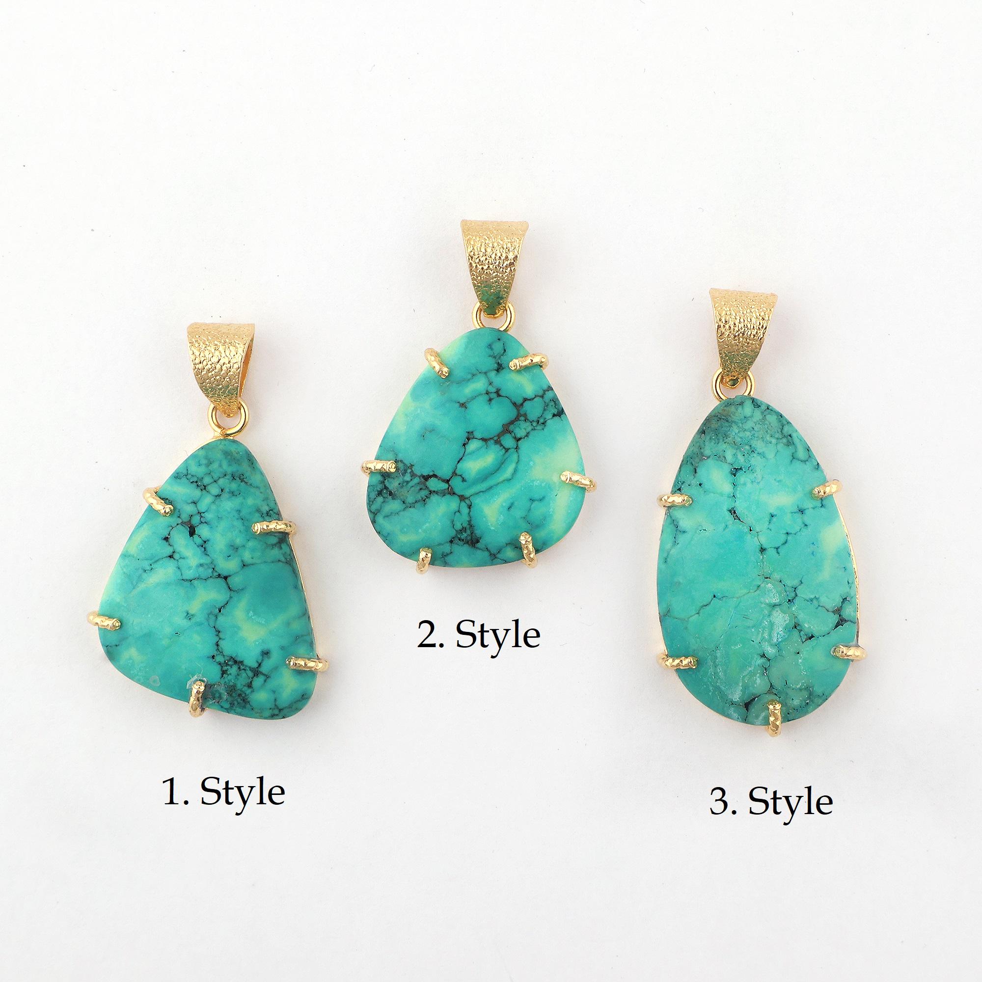 Tibetan Turquoise Pendant Gold Plated, Fancy Prong Set Gemstone Necklace