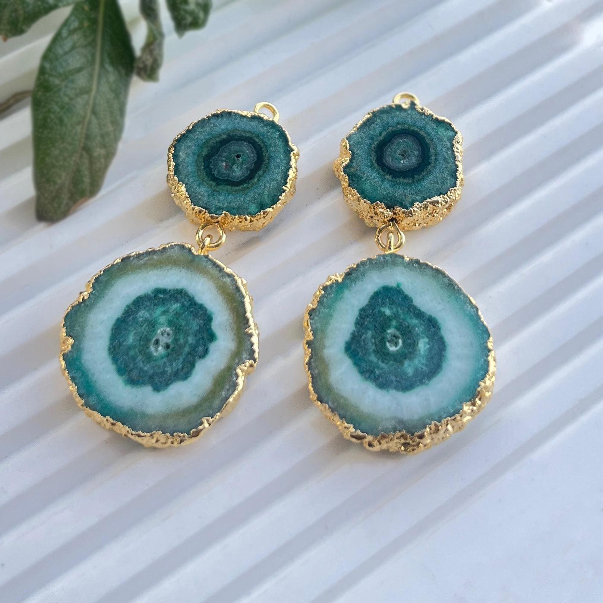 Green Brown Solar Quartz Dangle Earrings, Gold Electroplated Jewelry Charm Connectors