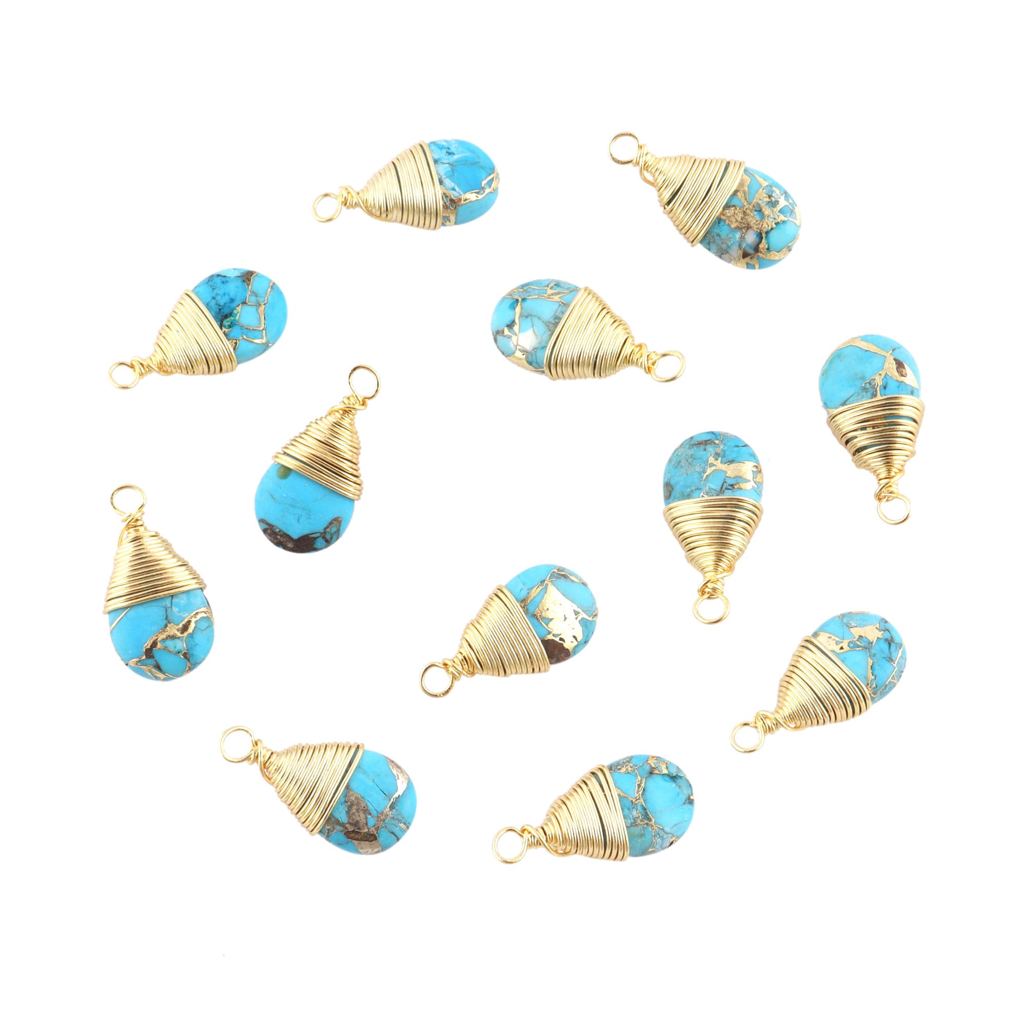 Teardrop Copper Turquoise Charms, Wire Wrapped Gold Plated Pear Connectors (12 Pcs)