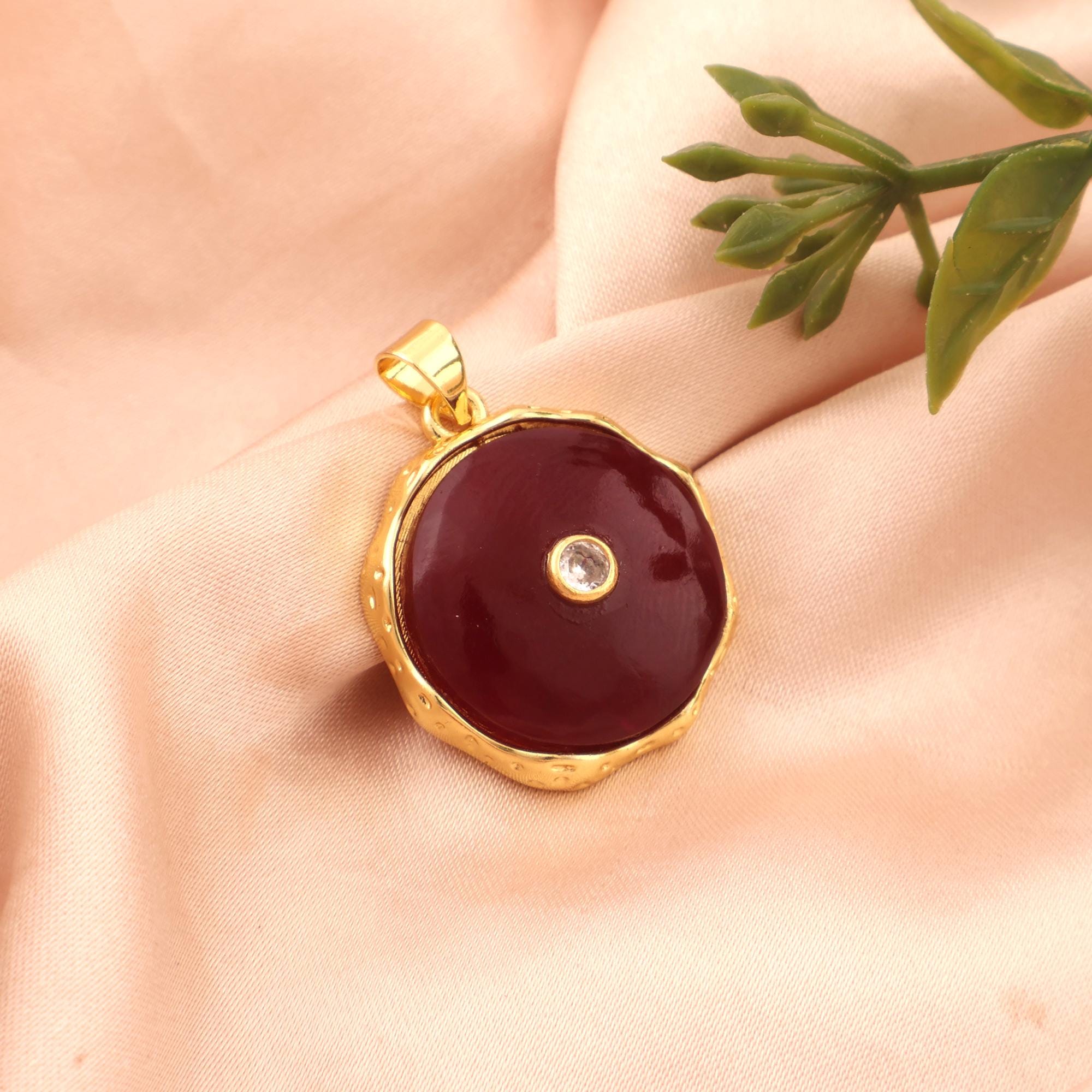Ruby Jade Round Pendant, Gold Plated Brass, CZ Accent