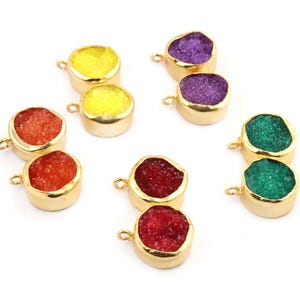 Natural Sugar Druzy Gold Plated Earring Pair Connector, 12mm Round Shape Earring For Making Jewelry Components Supplies