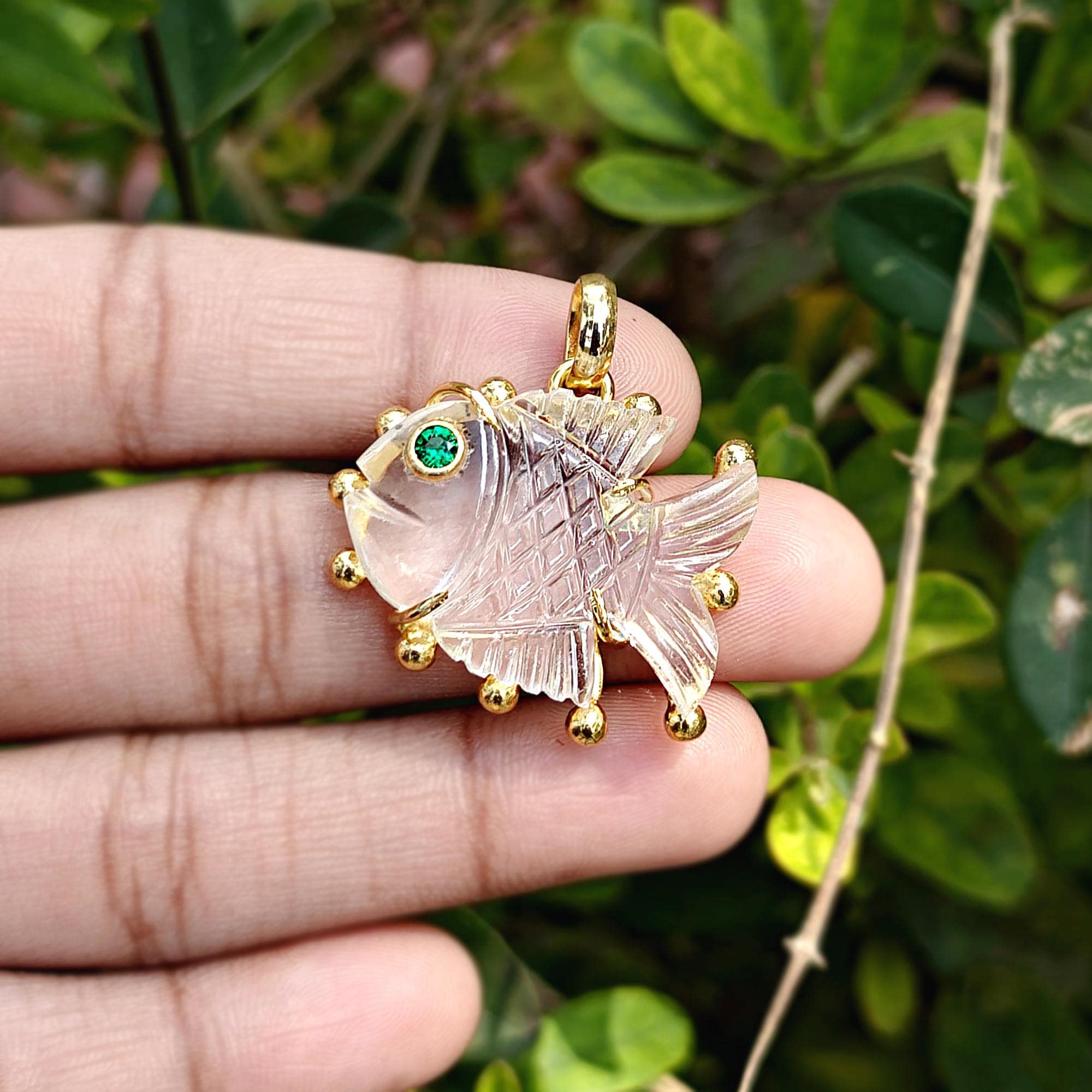 Crystal Quartz Fish Pendant with Emerald CZ Eye, Gold Plated Necklace Charm