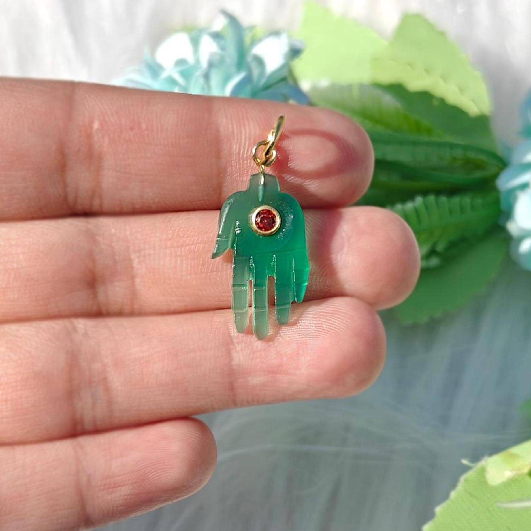 Carved Green Onyx Hamsa Hand Pendant, Gold Plated Orange CZ Connector Jewelry