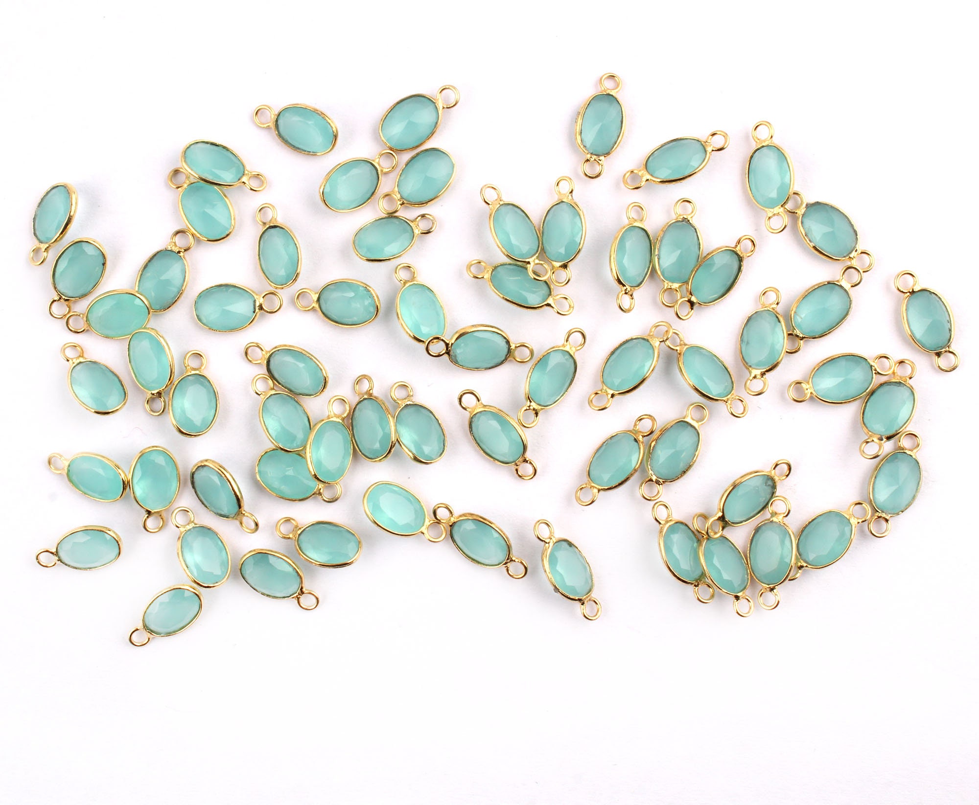Aqua Chalcedony Gold Plated Bezel Connectors, Oval Faceted Cut Charms Jewelry