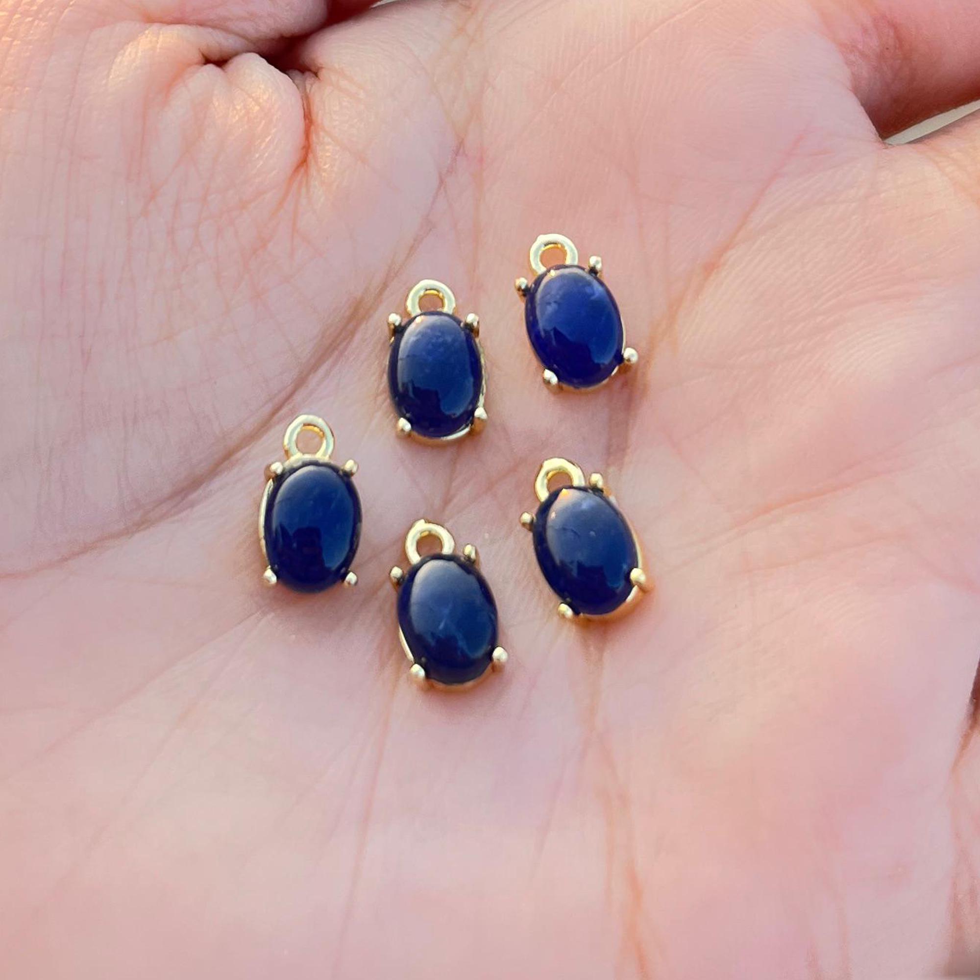 Sodalite Gemstone Connectors, Gold Plated Oval Cabochon Prong Set Charms (6x8 mm)