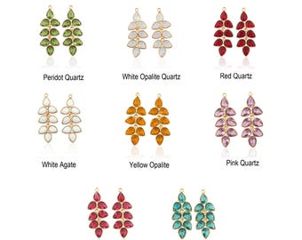 Peridot, Red Quartz Gemstone Earring Pair Connectors, Gold Plated Bezel Set Flower Leaf Style Earring For Jewelry Making Finding Supply