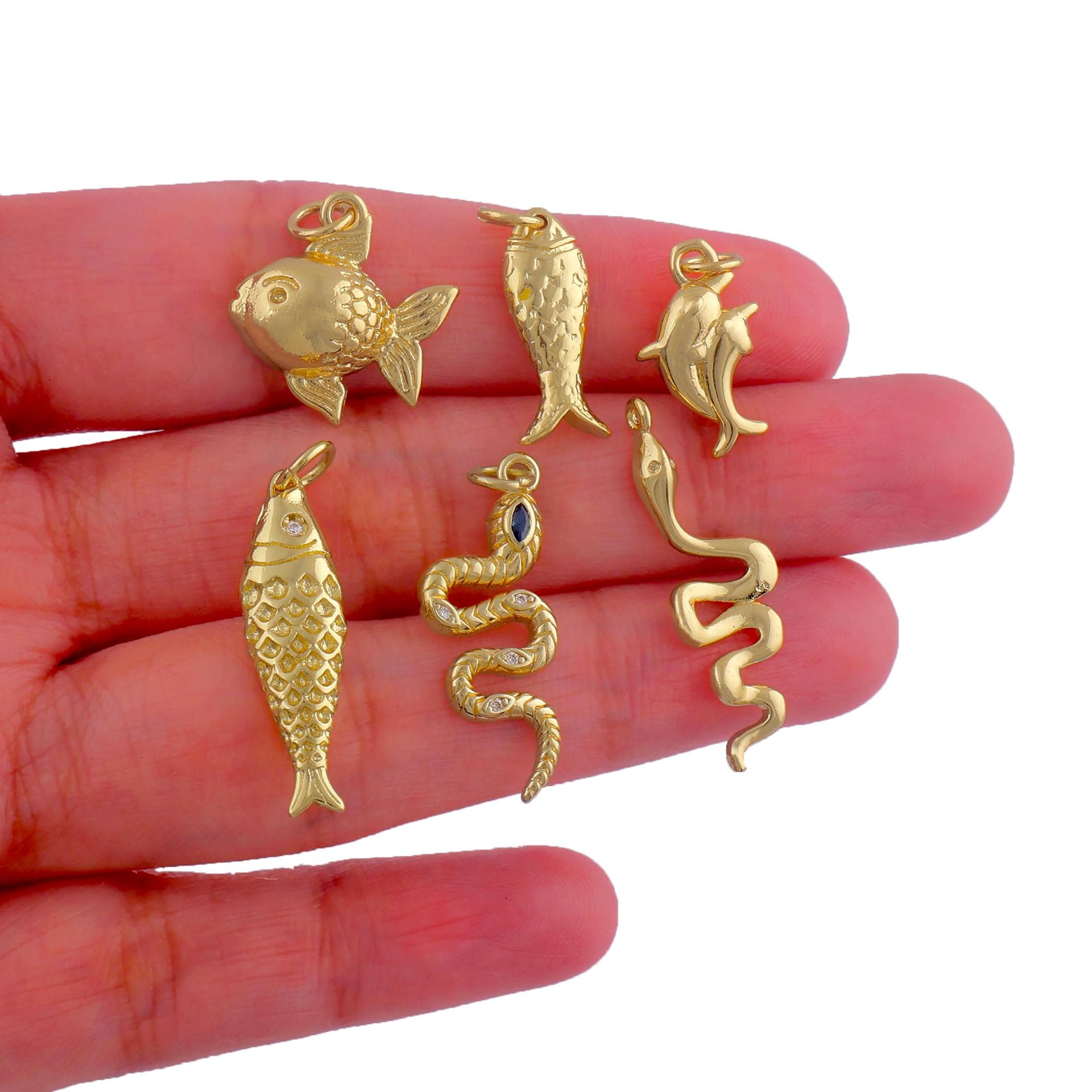 18k Gold Plated Fish/Dolphin Charm, CZ Micro Pave Snake Pendant Necklace