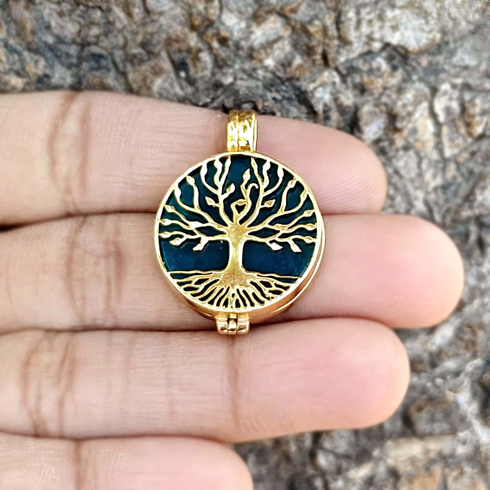 Apatite Jade Tree of Life Locket, Gold Plated Opanable Necklace Pendant