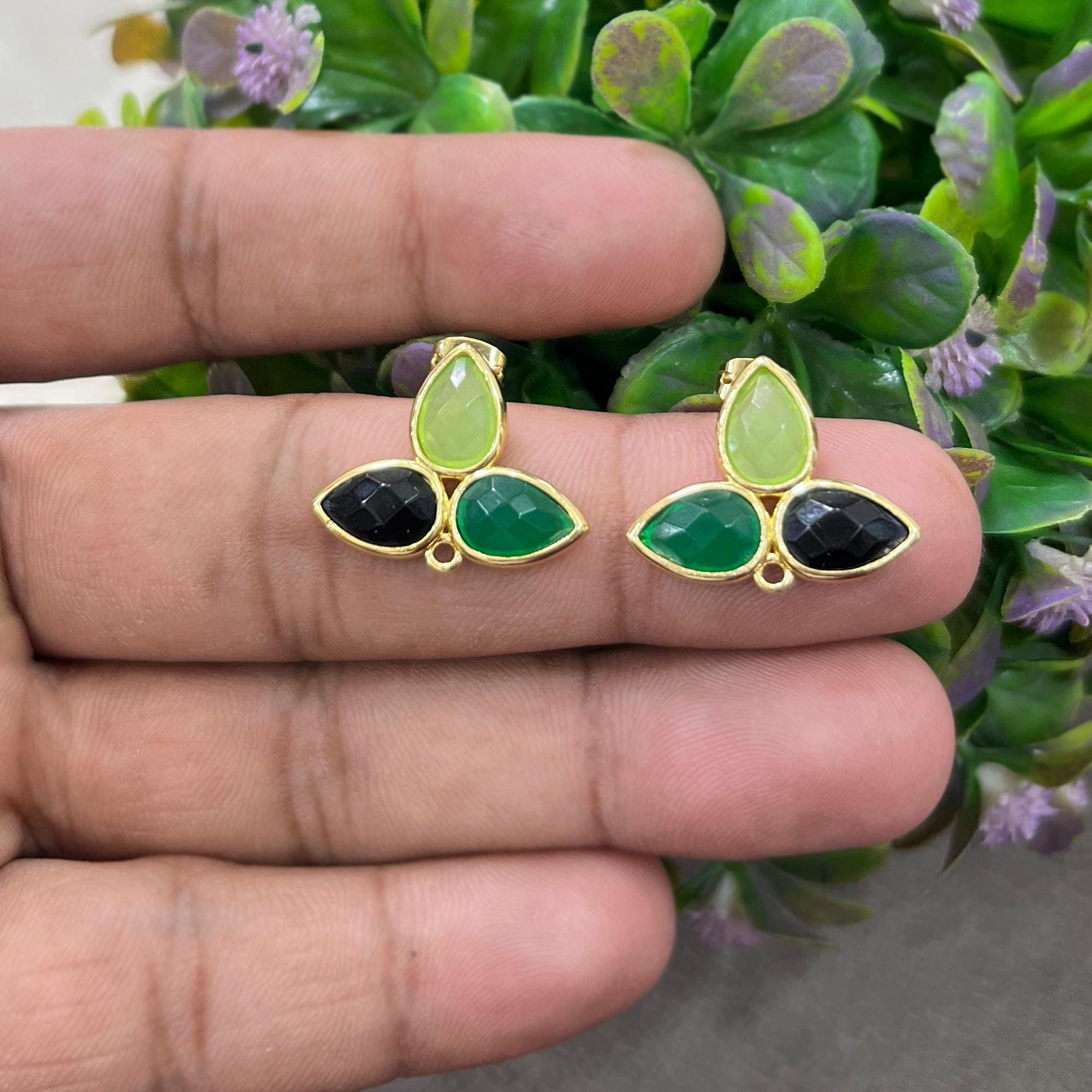 Gold Plated Brass Gemstone Studs, Pear Cut Flower Earrings Multi Stone Pair Stud