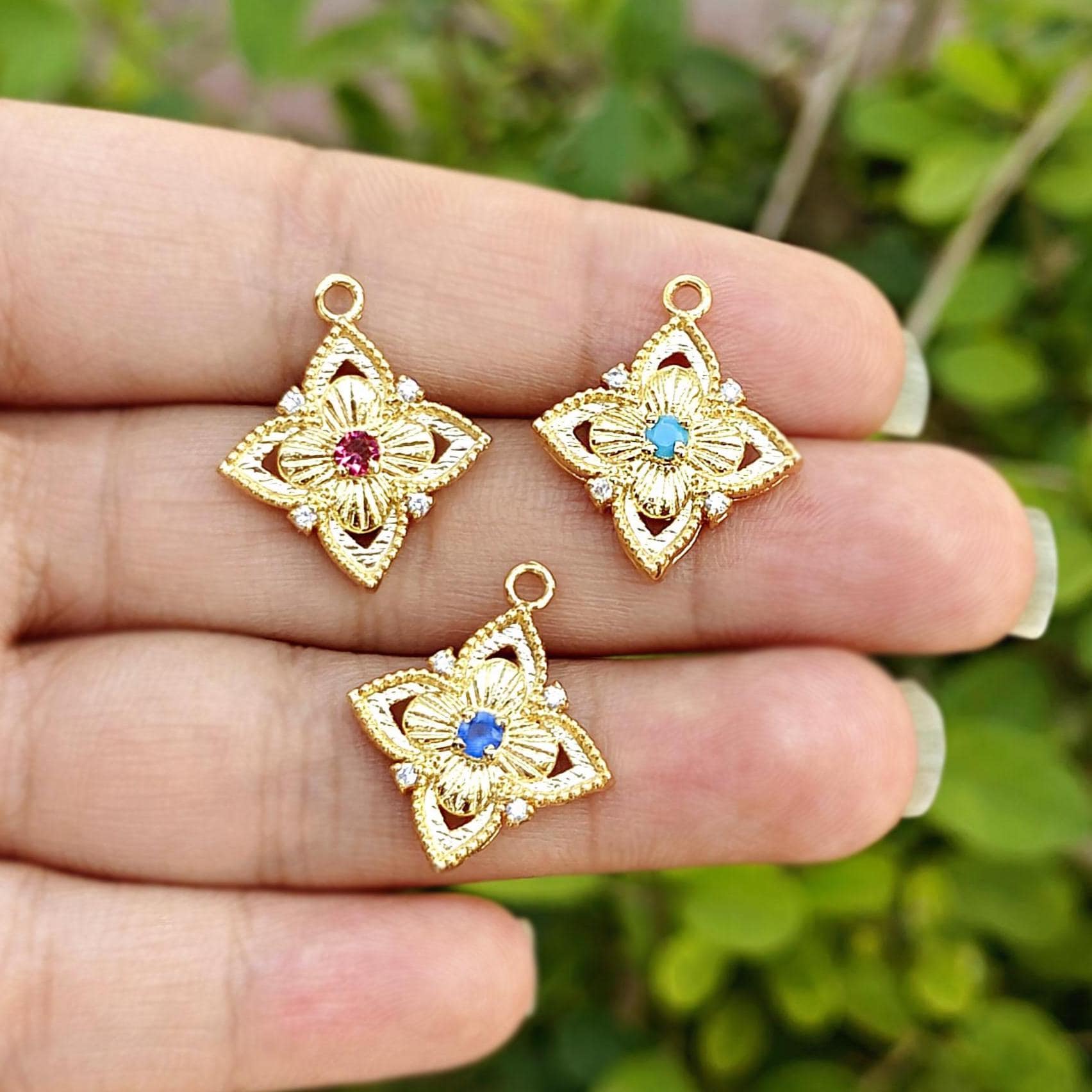 Gold Plated Flower Charm, Chalcedony Quartz Gemstone Connector