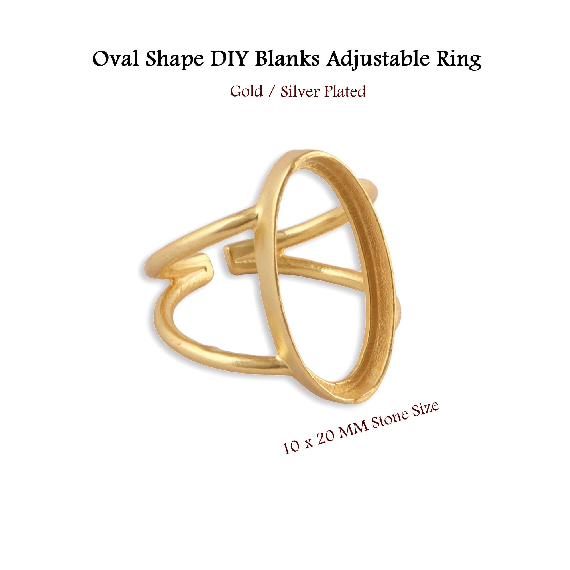 18k Gold Plated Ring Blank, Adjustable Oval Stone Setting Ring Jewelry Frame