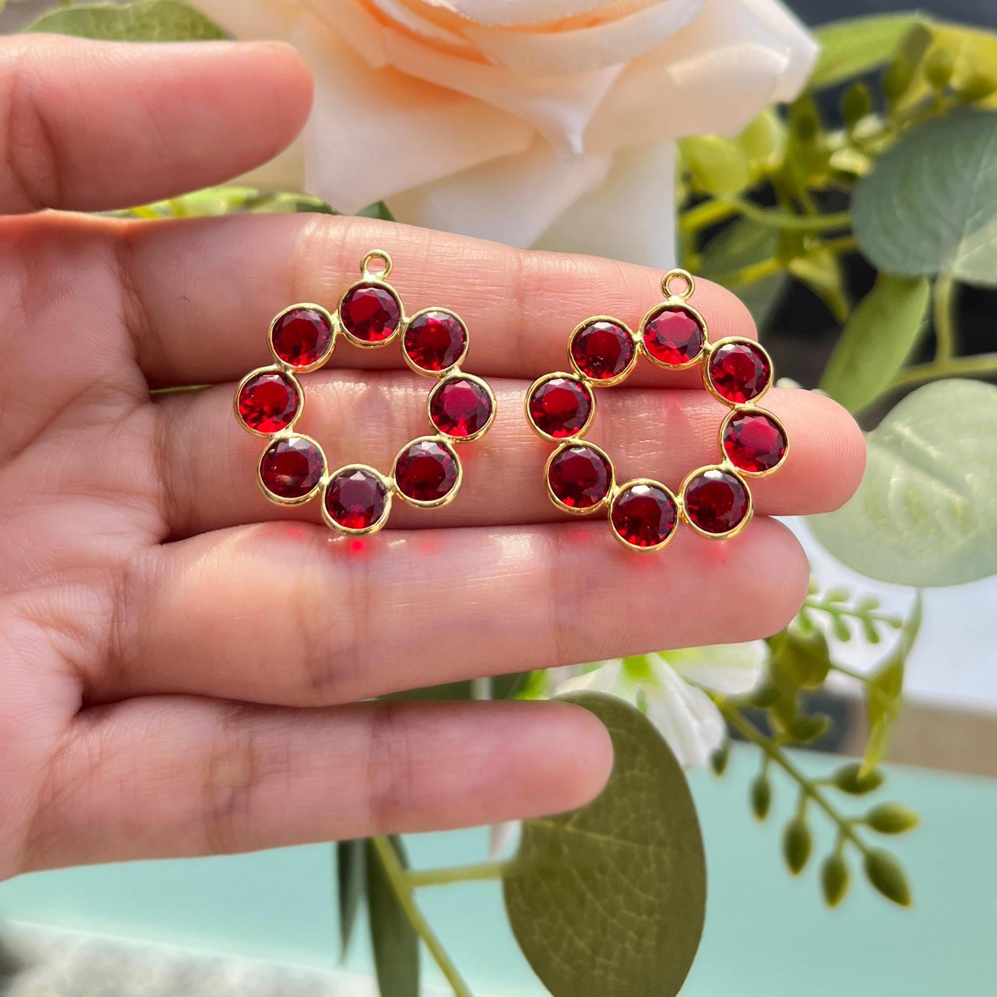 6mm Round Cut Red Hydro Quartz Earring Connectors, Gold Plated