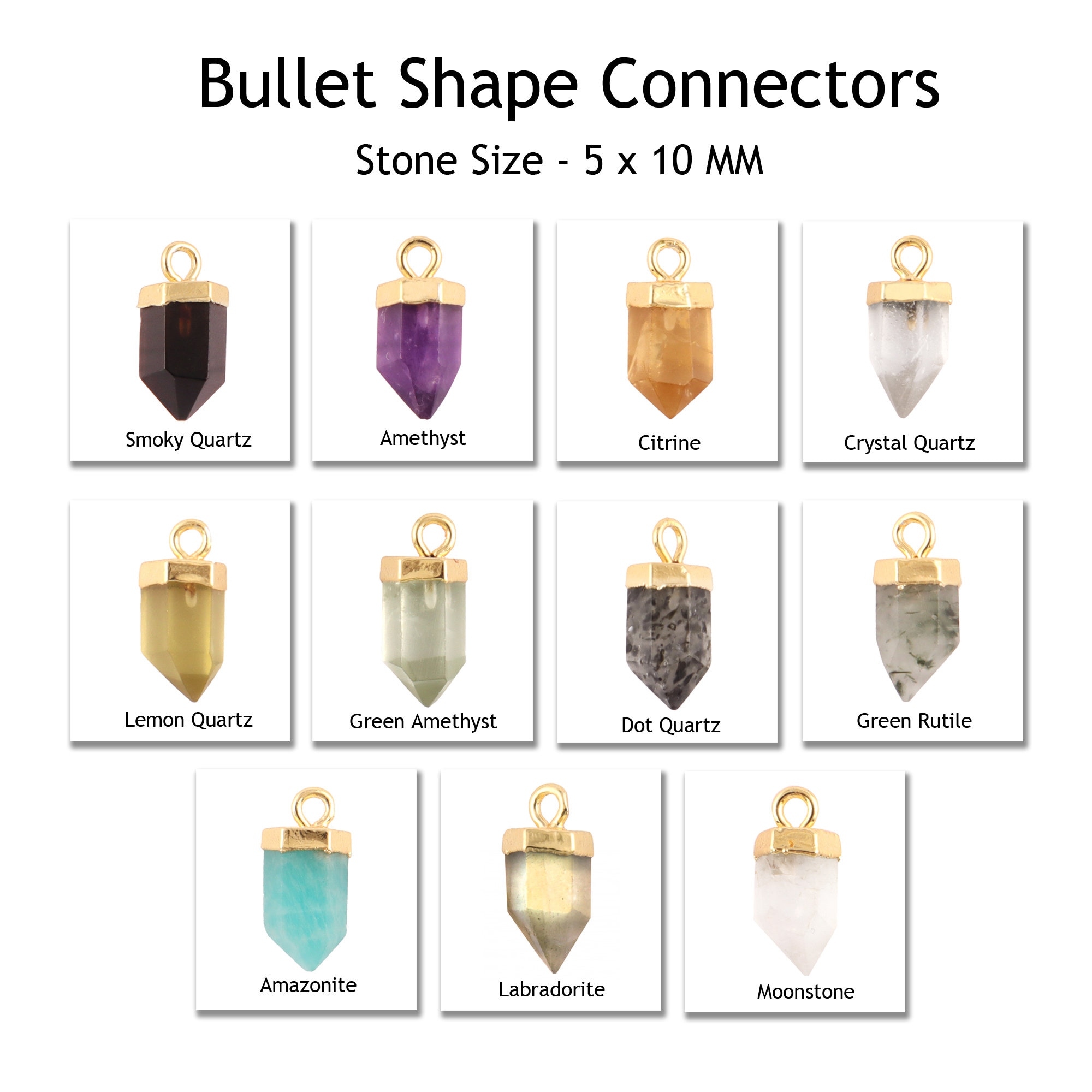 Gemstone Pencil Point Pendant Charms – Gold Plated Jewelry Connectors, 5x10 MM