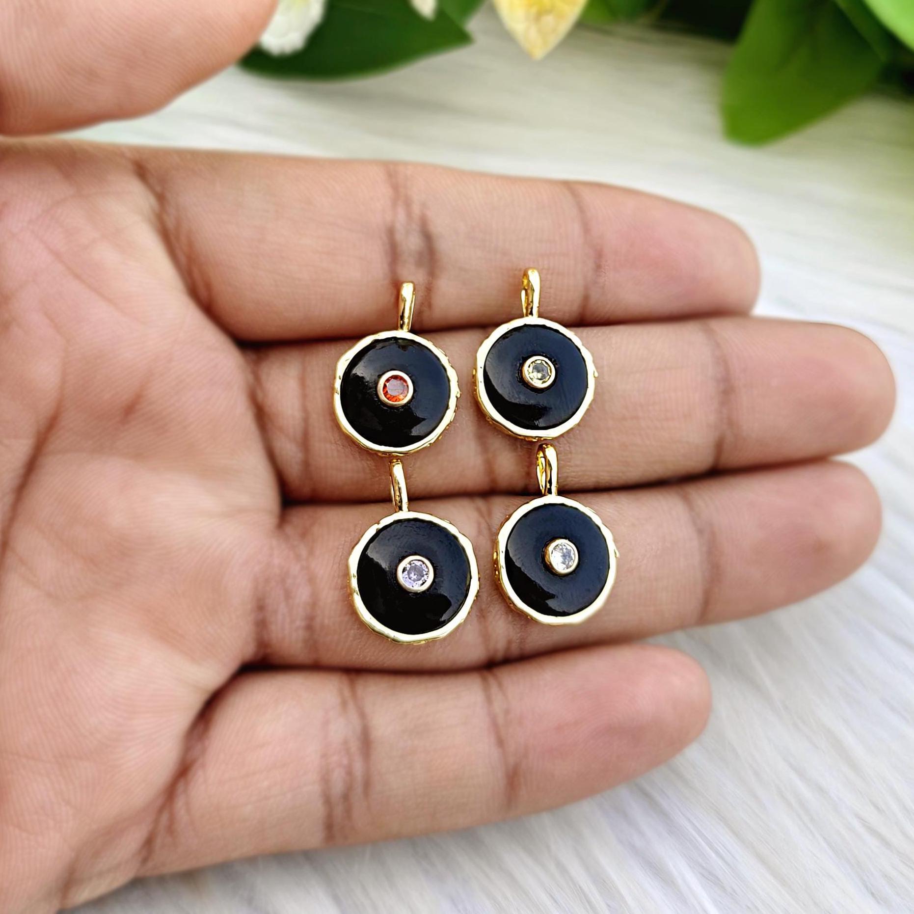 Black Onyx with Amethyst CZ Pendant Charms, Gold Plated Round Gemstone Necklace