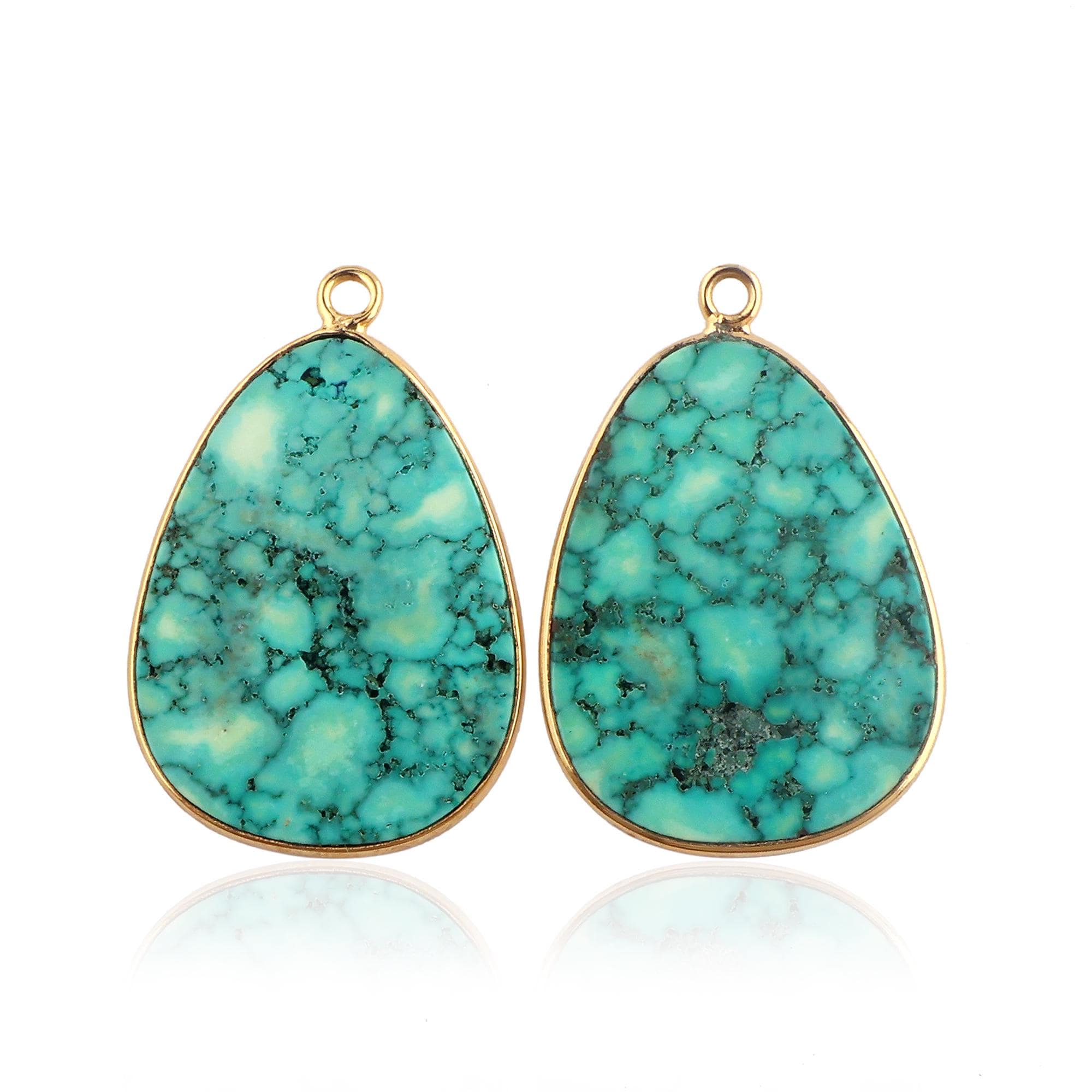Fancy Tibetan Turquoise Earring Connectors, Gold Plated Bezel Pair