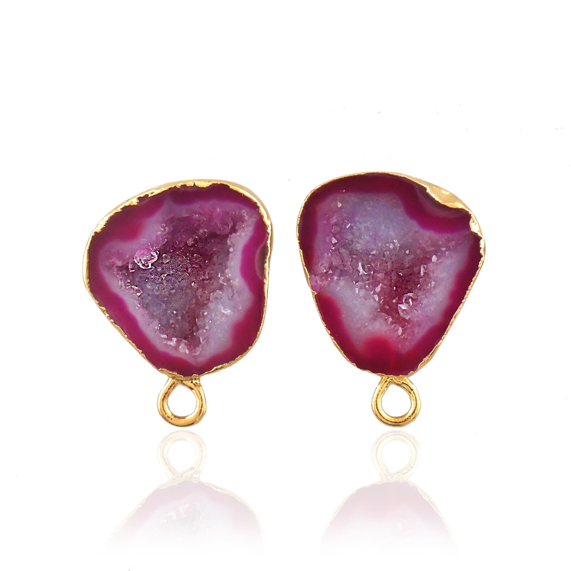 Pink Geode Druzy Gold Electroplated Stud Earrings, Single Bail Jewelry