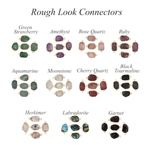 May include: Image of various gemstone connectors with gold-colored edges. The gemstones include Green Strawberry, Amethyst, Rose Quartz, Ruby, Aquamarine, Moonstone, Cherry Quartz, Black Tourmaline, Herkimer, Labradorite, and Garnet. Text reads "Rough Look Connectors."