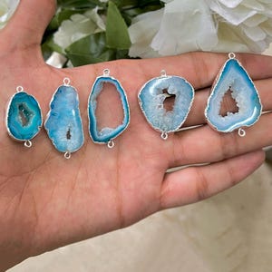 Sky Blue Agate Geode Connector: Silver Electroplated Druzy Double Bail Connector Charm Making Jewelry