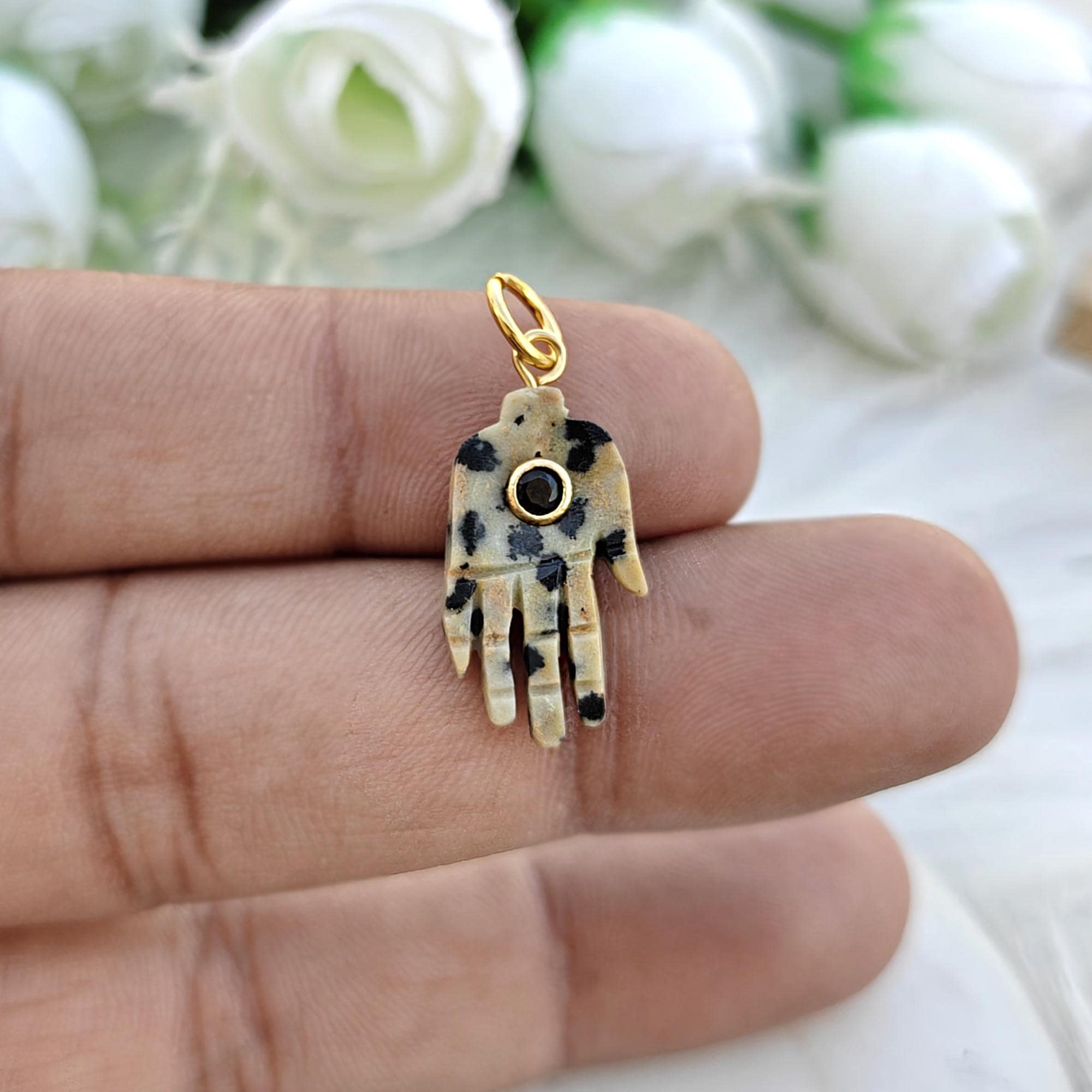 Carved Dalmatian Jasper Hamsa Hand Pendant